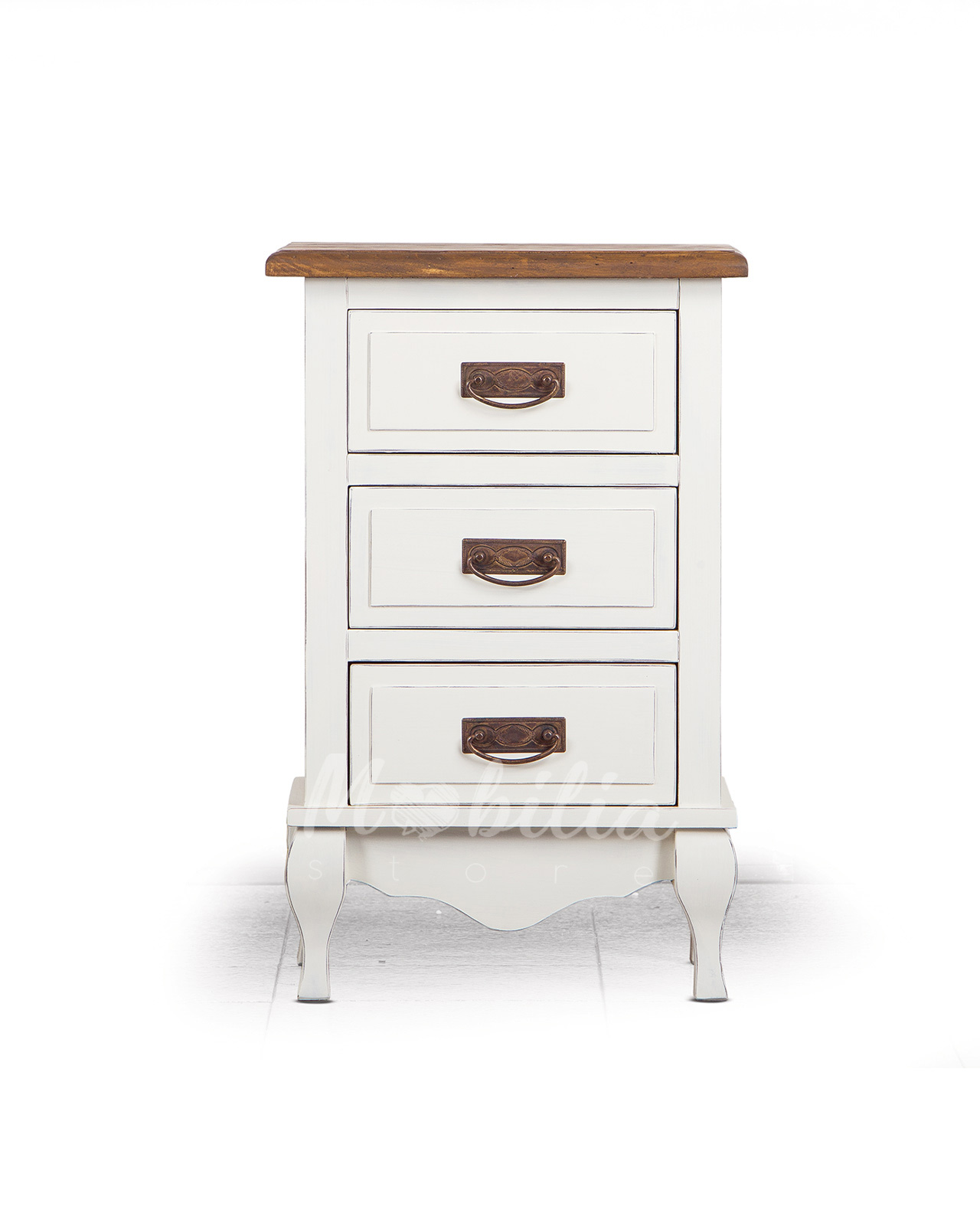 Comodino in legno stile shabby chic, tre cassetti, colore avorio