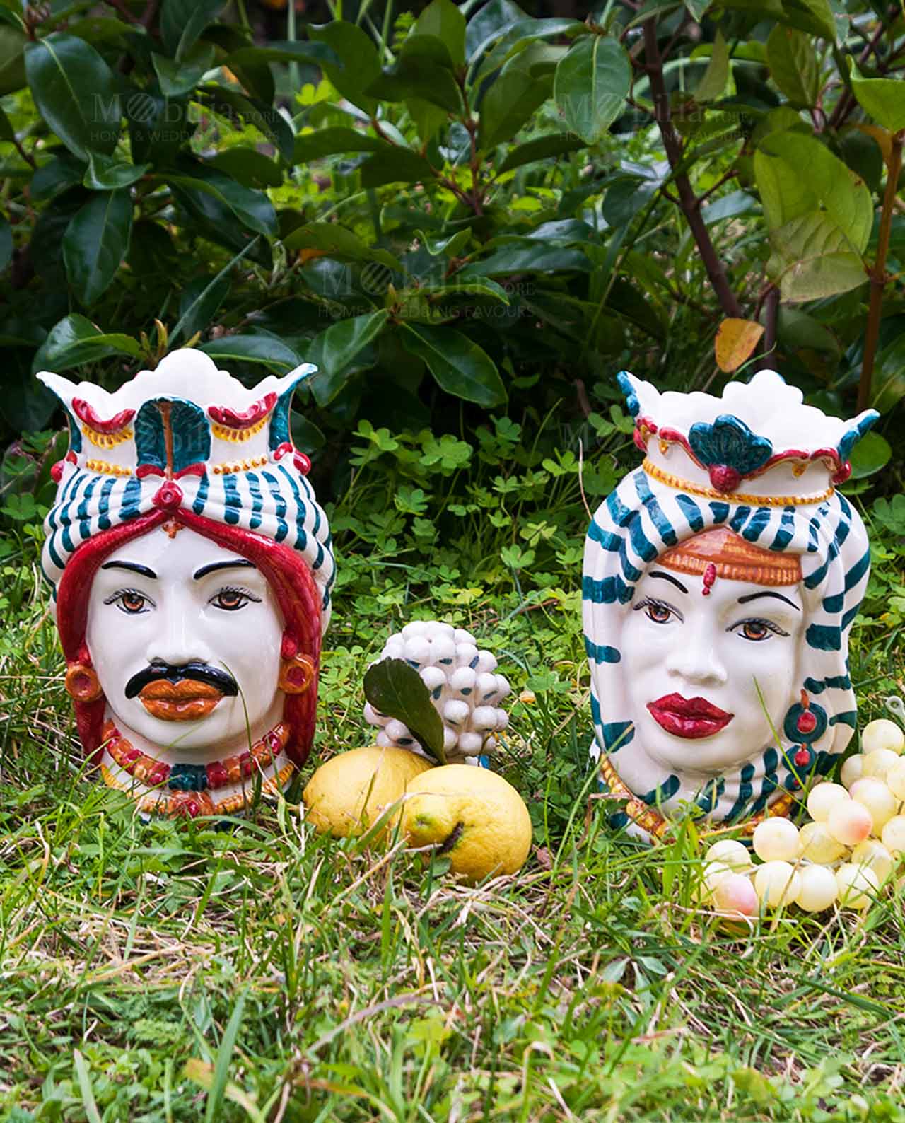 coppia testa di moro uomo e donna con corona colorata e copricapo ceramica artigianale caltagirone sicilia