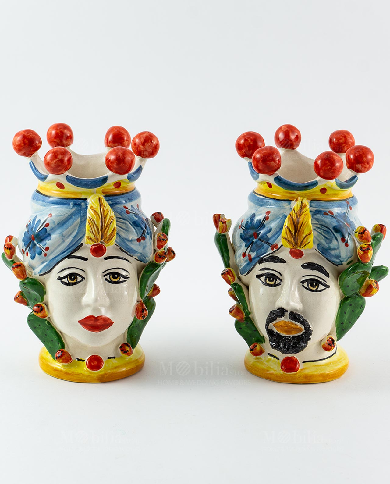 Teste di moro con pala fico d'indica ceramica colorata di Caltagirone