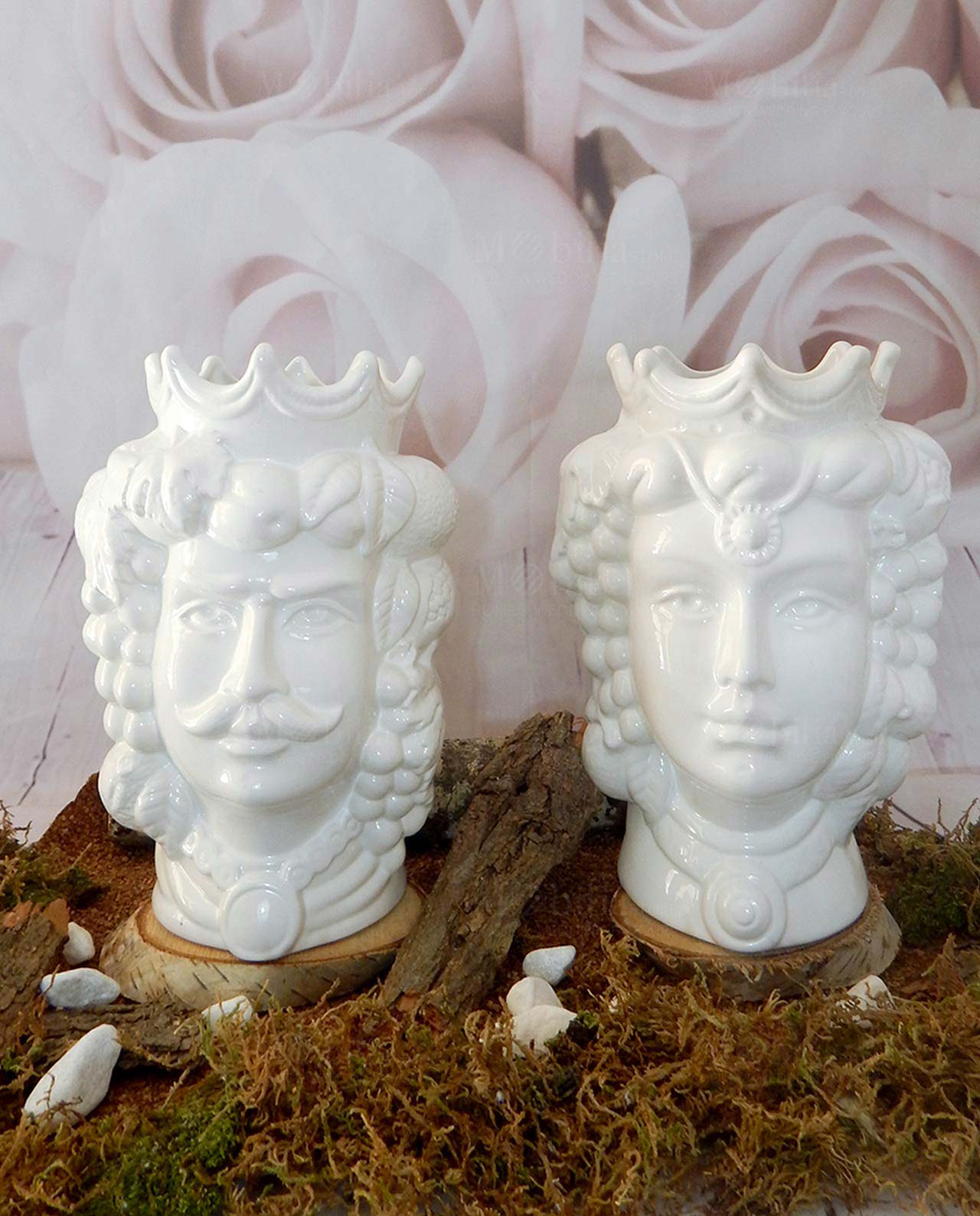 coppia teste di moro in ceramica bianca di caltagirone con frutta