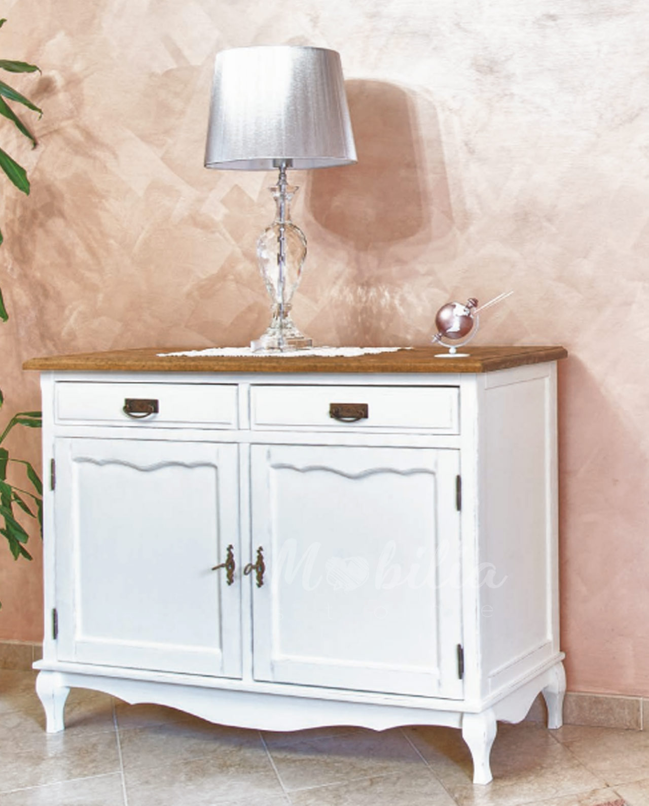 Credenza in legno stile Shabby chic, due cassetti e due ante, colore avorio