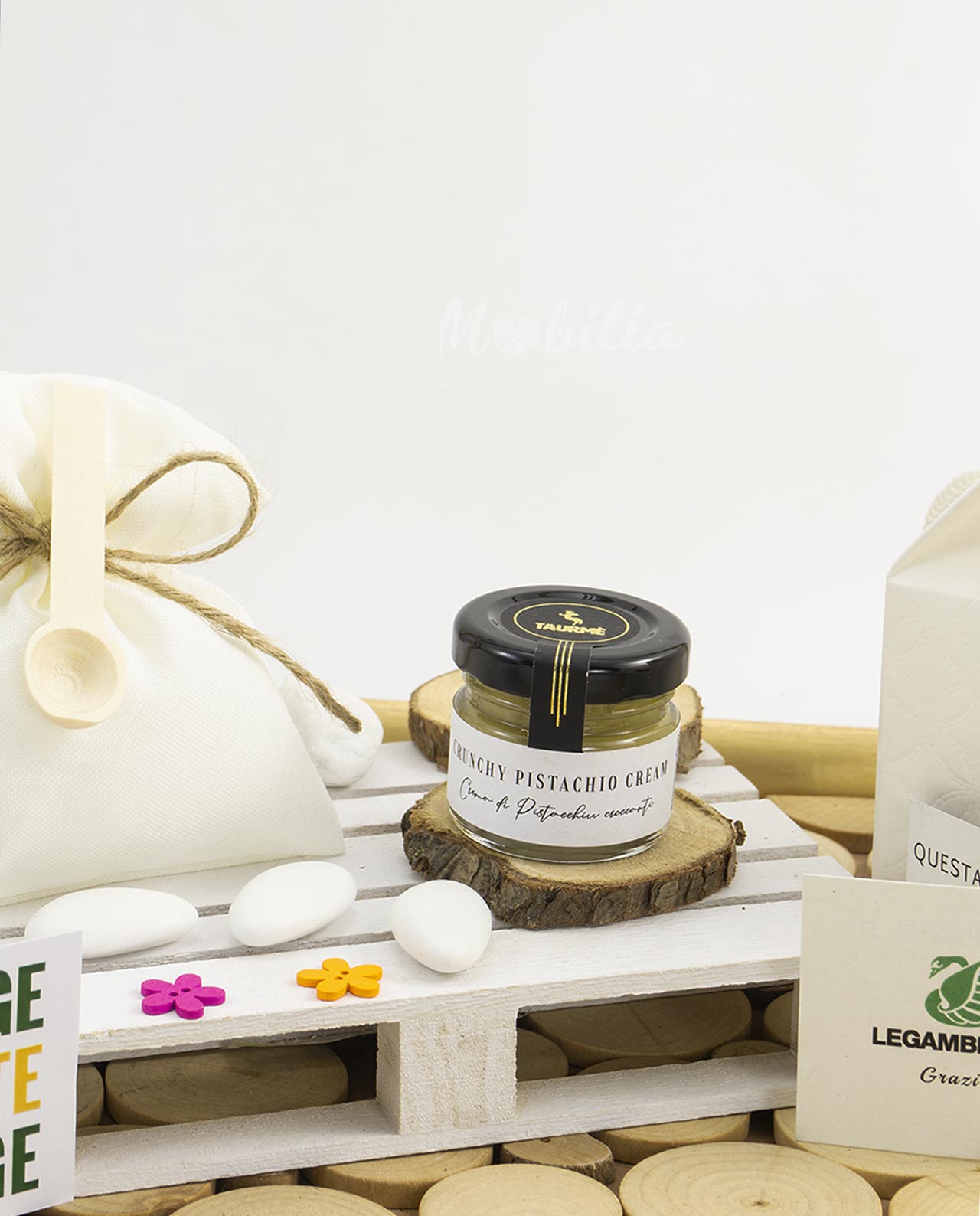 Bomboniera legambiente crema di pistacchio con fiocco juta