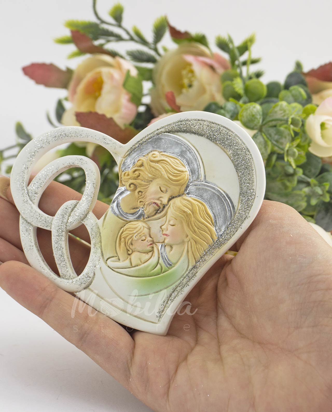 Scultura cuore e sacra famiglia