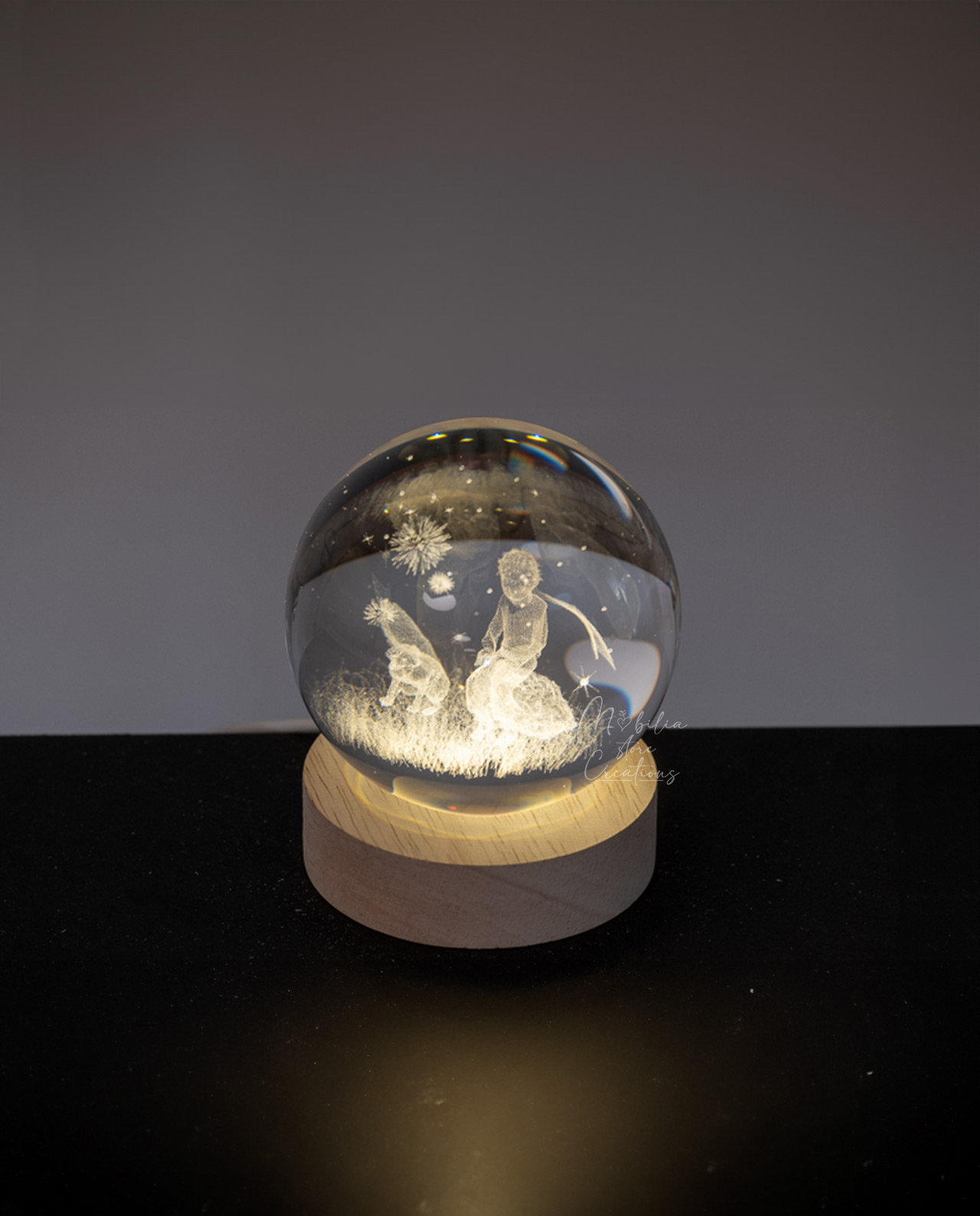 Sfera led con base legno vari soggetti