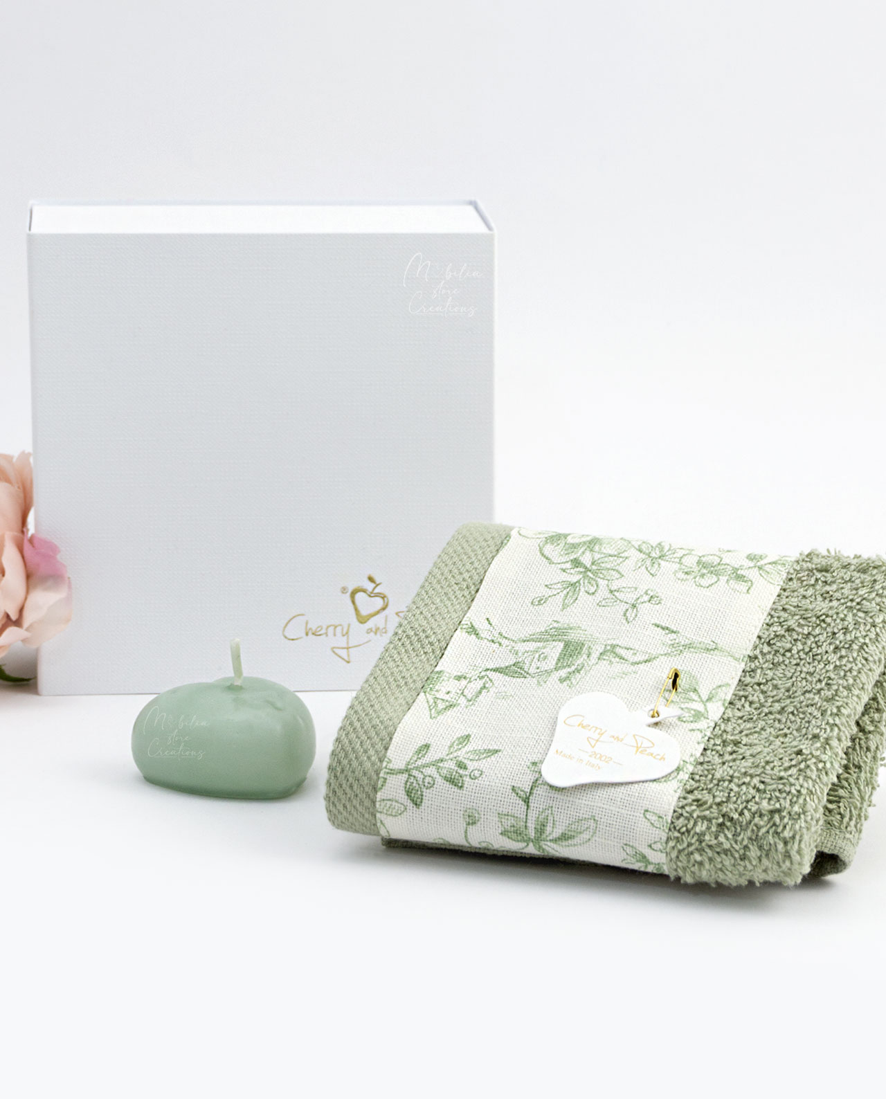 Set lavetta in cotone e candela cuore Cherry and Peach