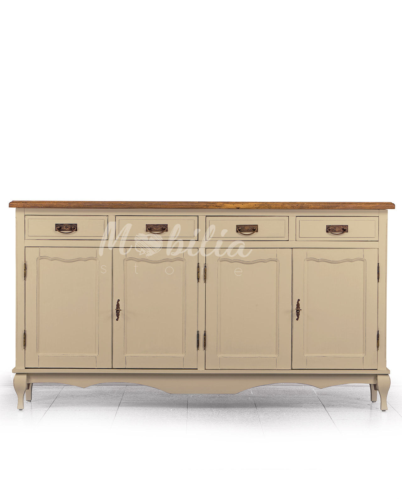 Credenza in legno stile shabby chic, quattro cassetti e quattro ante, colore avorio anticato