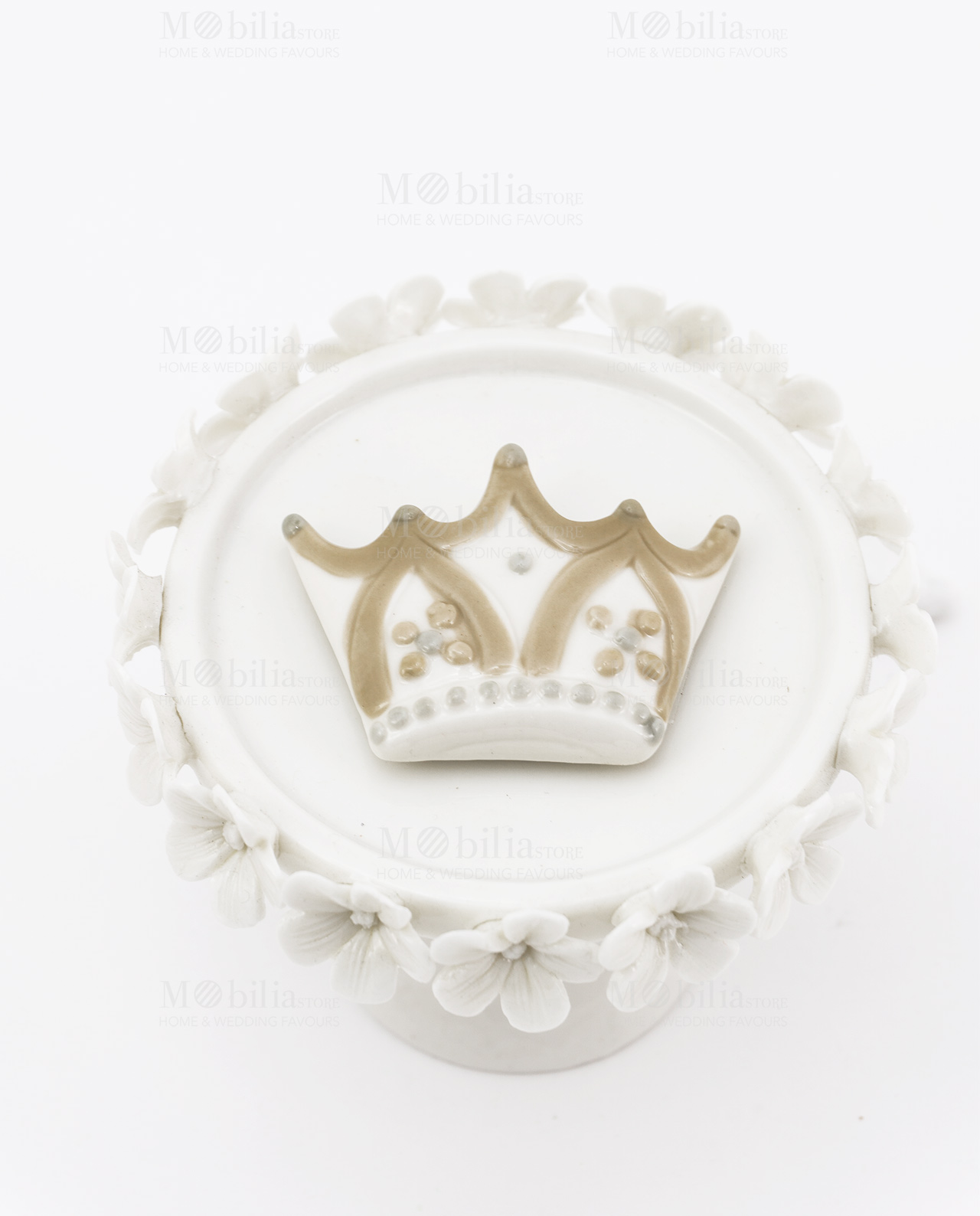 magnete porcellana corona bianca e beige con fiori cherry and peach