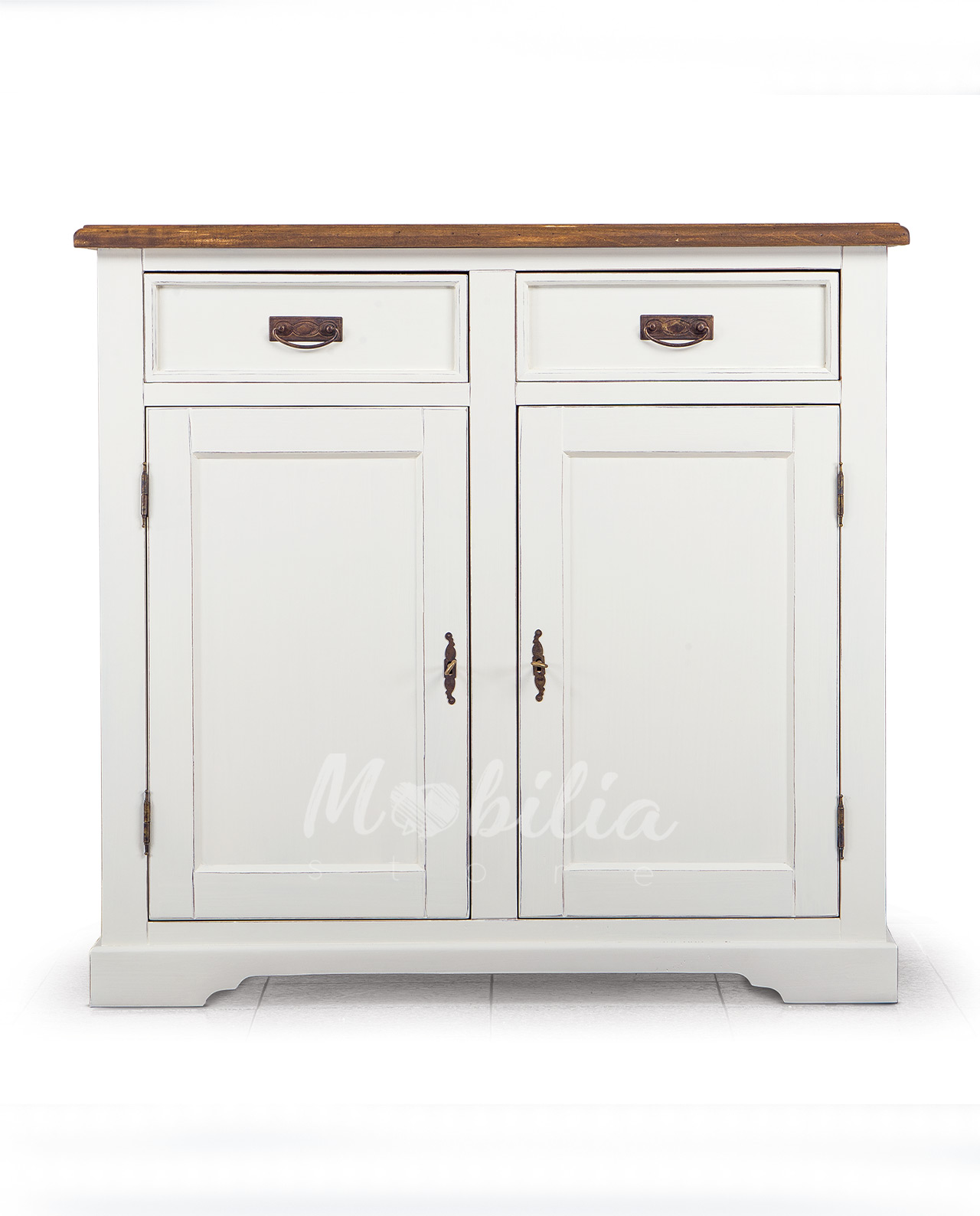 Credenza in legno stile shabby chic, due cassetti e due ante, colore avorio