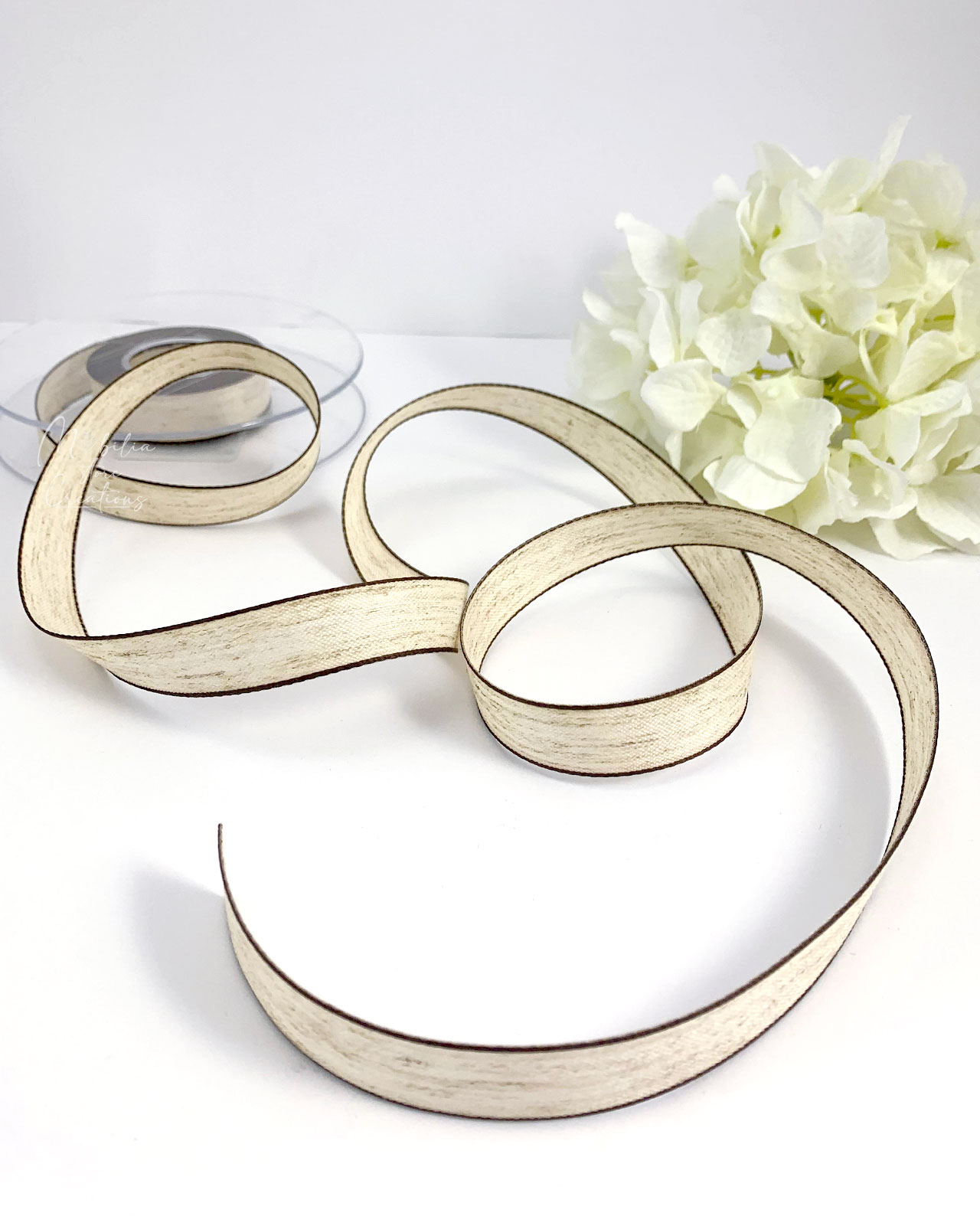 Nastro misto lino beige con bordo marrone 1,5 cm - 25 mt