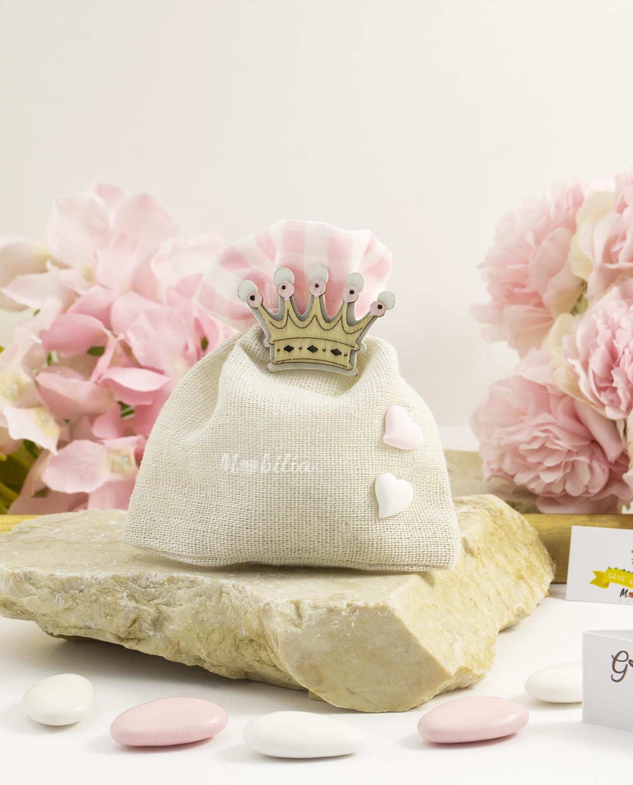 Sacchetto rosa con corona e confetti
