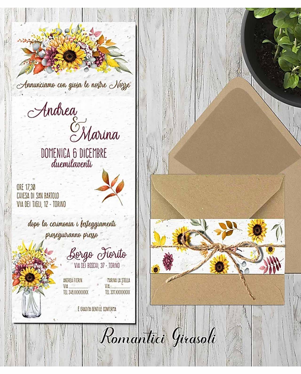 Partecipazione carta da piantare modello Romantici girasoli