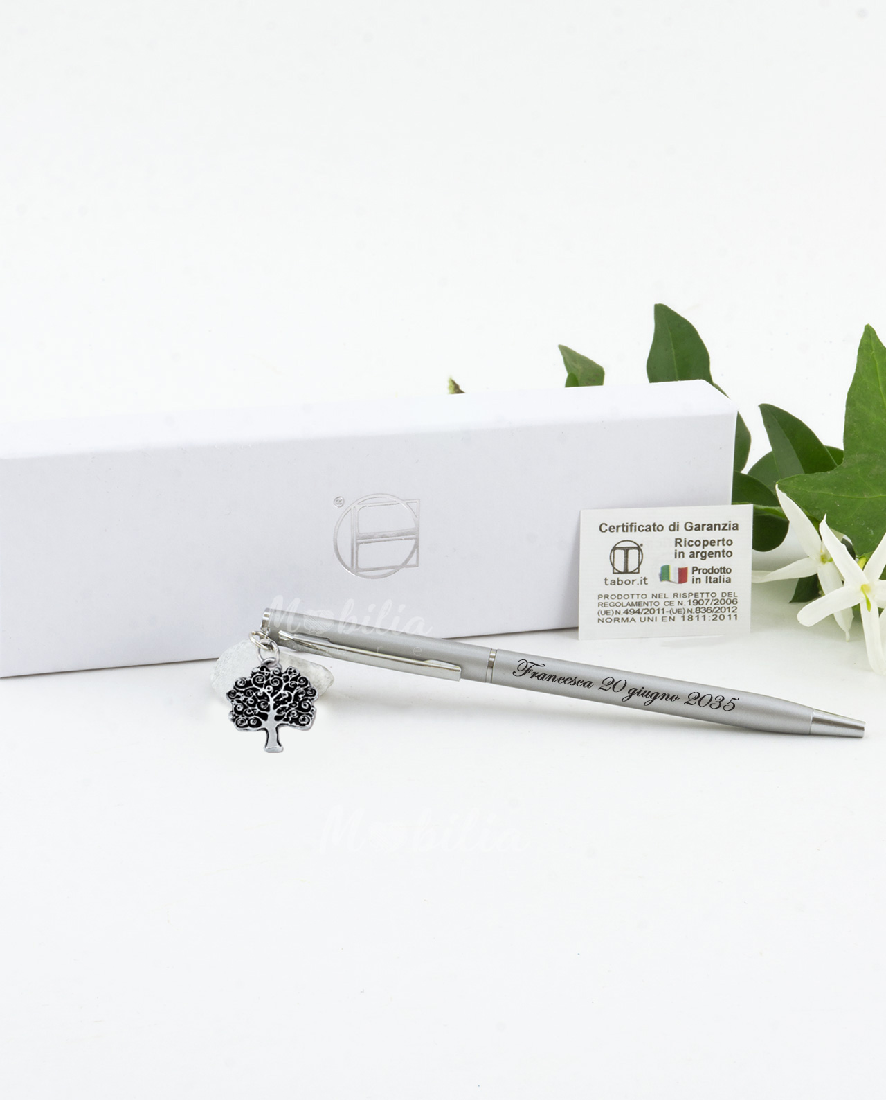 Penna personalizzata con ciondolo bagno argento Tabor e scatola