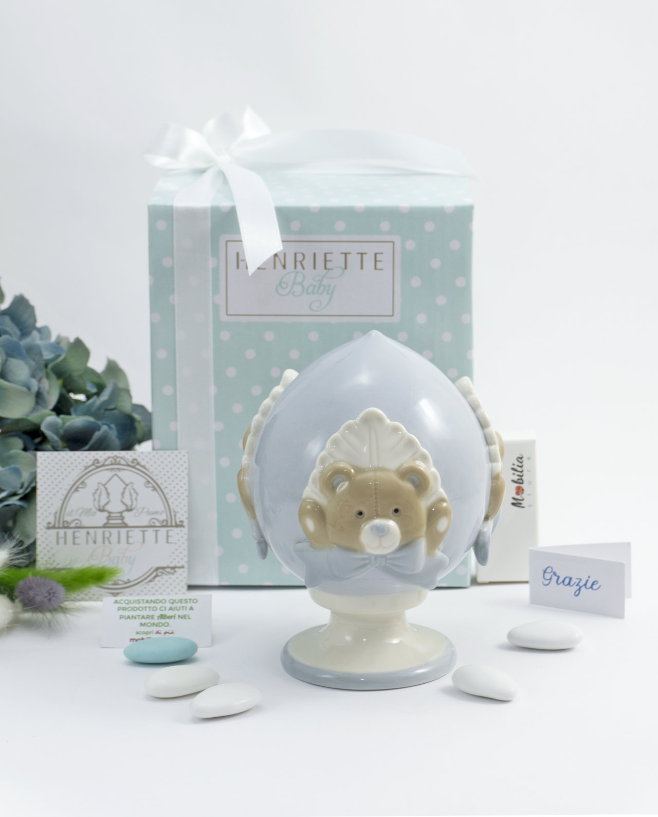 Bomboniera Pumo con orsetto azzurro varie misure