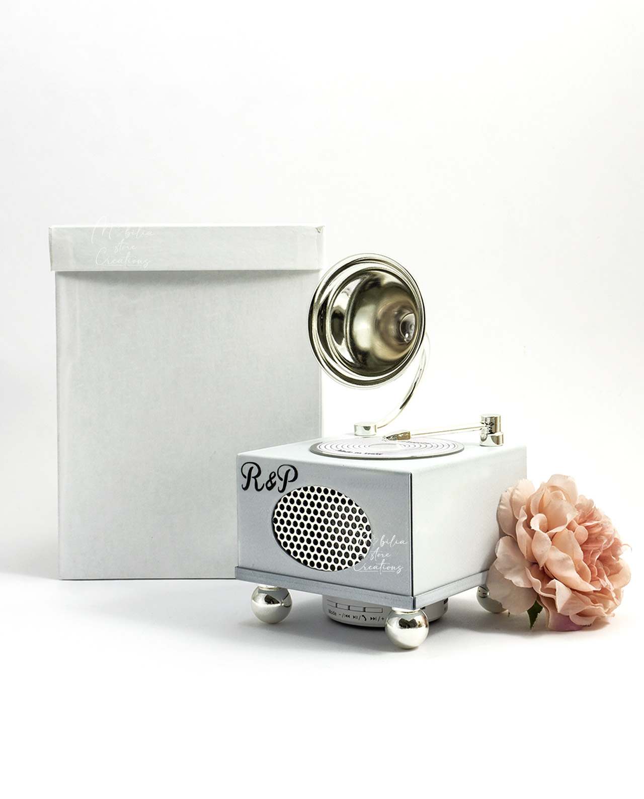 Grammofono vintage bluetooth in metallo avorio e argento