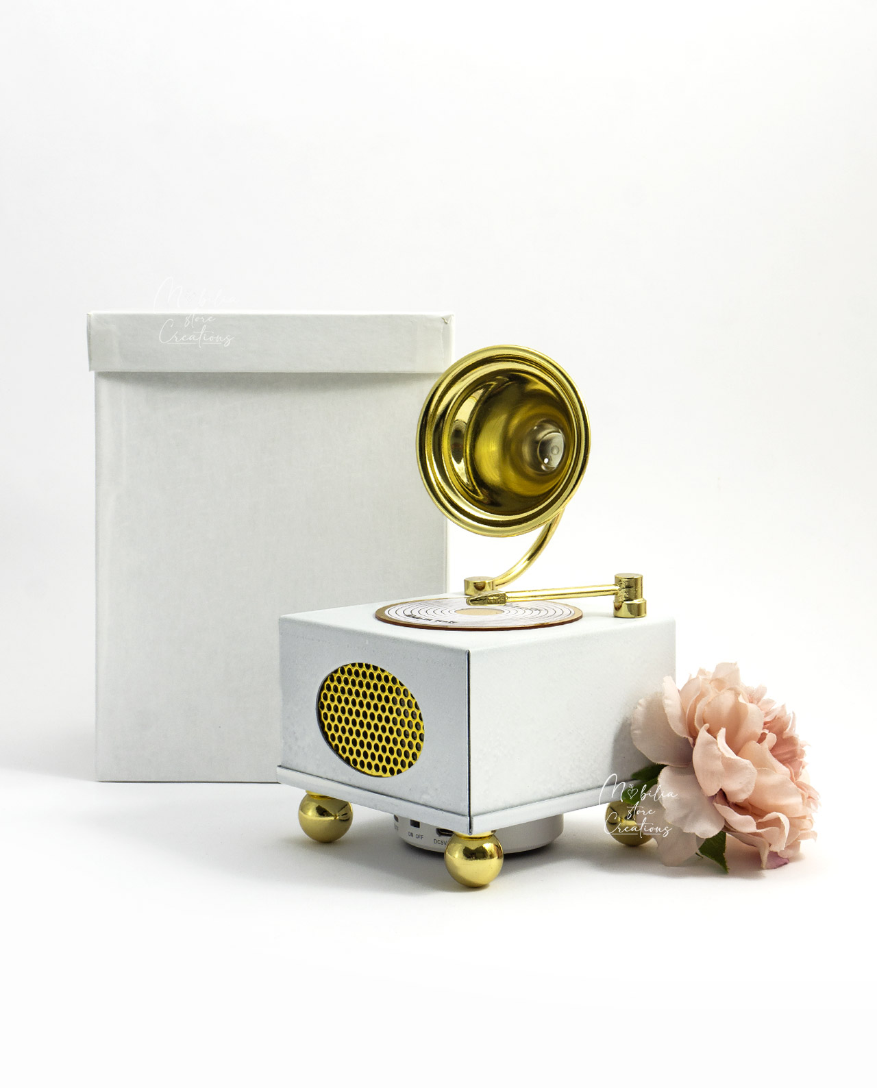Grammofono vintage bluetooth in metallo avorio e oro