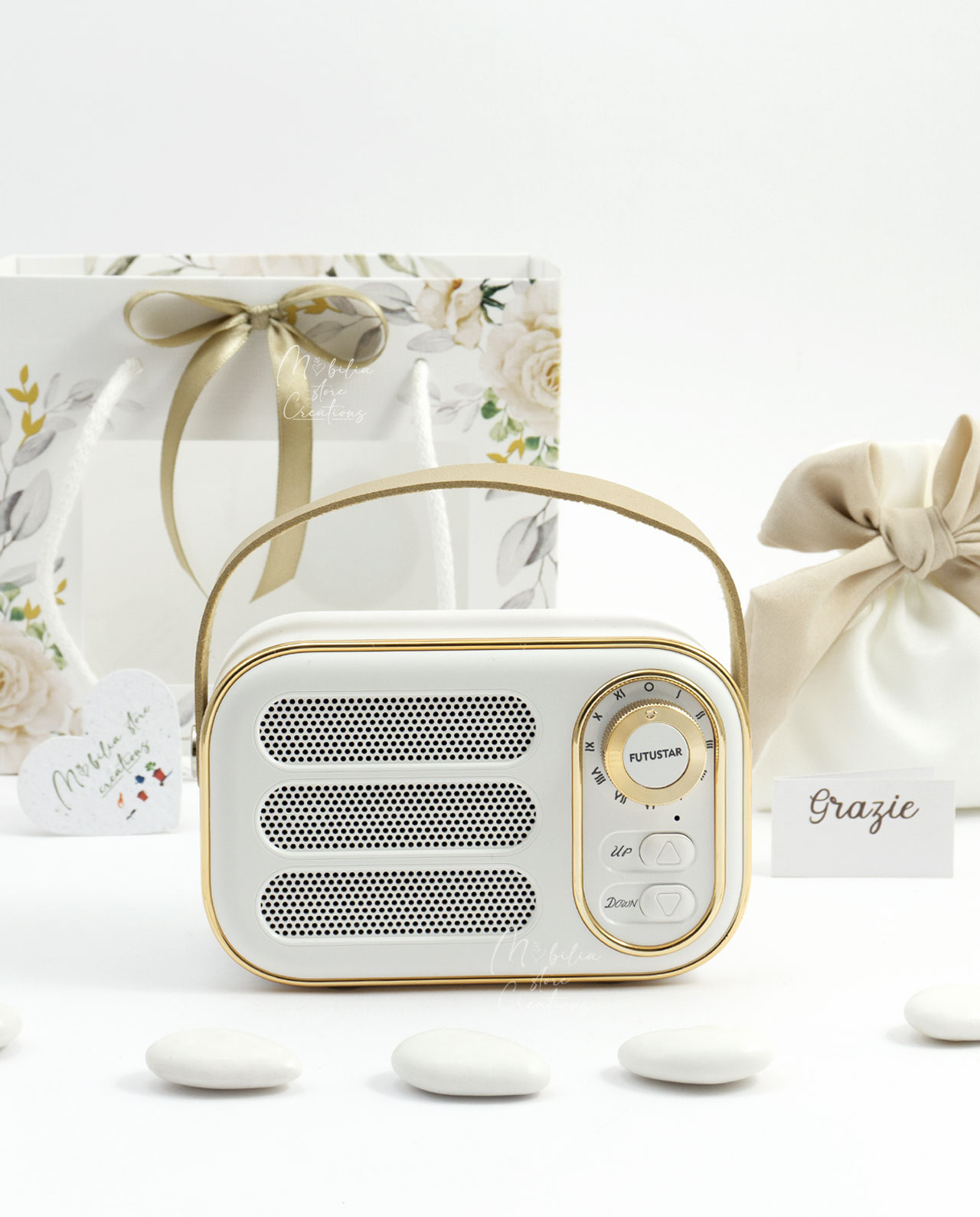 Bomboniera altoparlante bluetooth radio vintage bianca