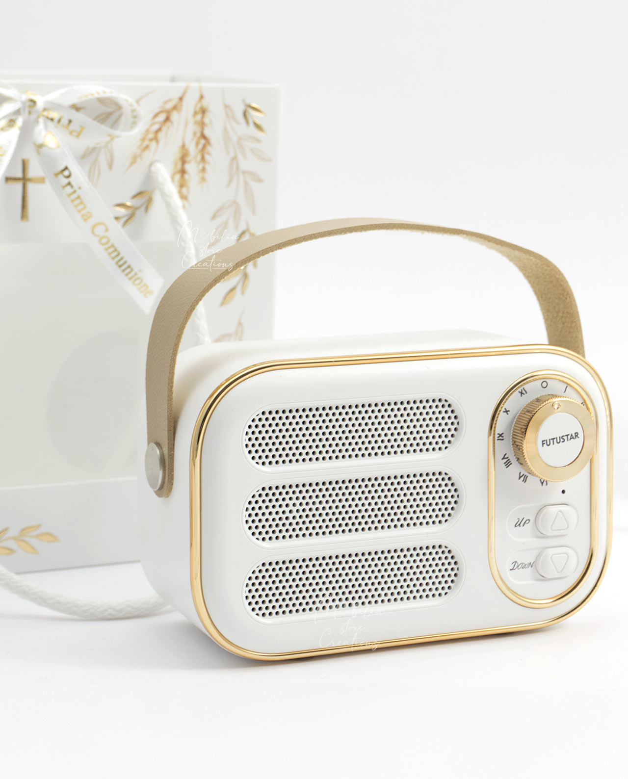Bomboniera altoparlante bluetooth radio vintage bianca con fiocco sacro - immagine 15