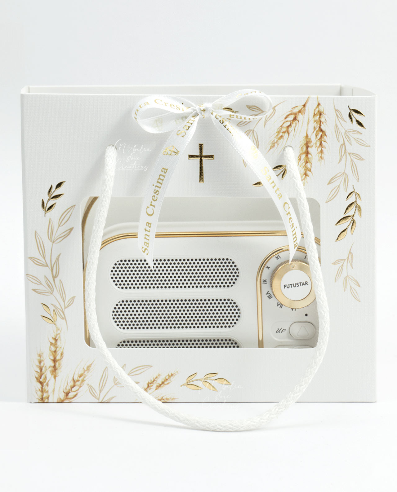 Bomboniera altoparlante bluetooth radio vintage bianca con fiocco sacro - immagine 4