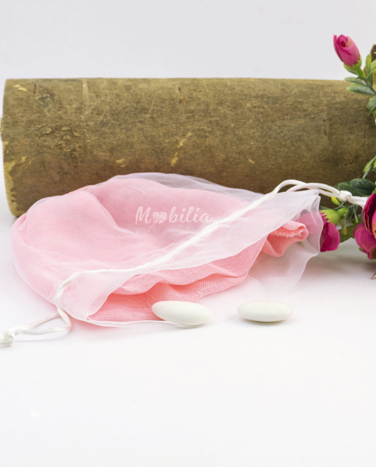 Pouf portaconfetti in cotone e organza rosa
