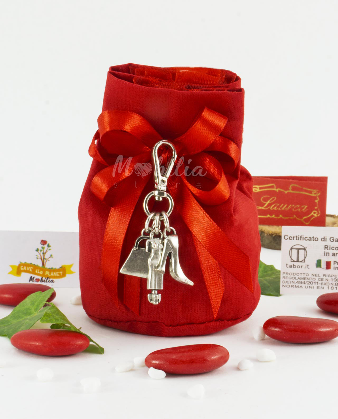 Bomboniera portachiavi con ciondoli moda bagno argento Tabor su sacchettino