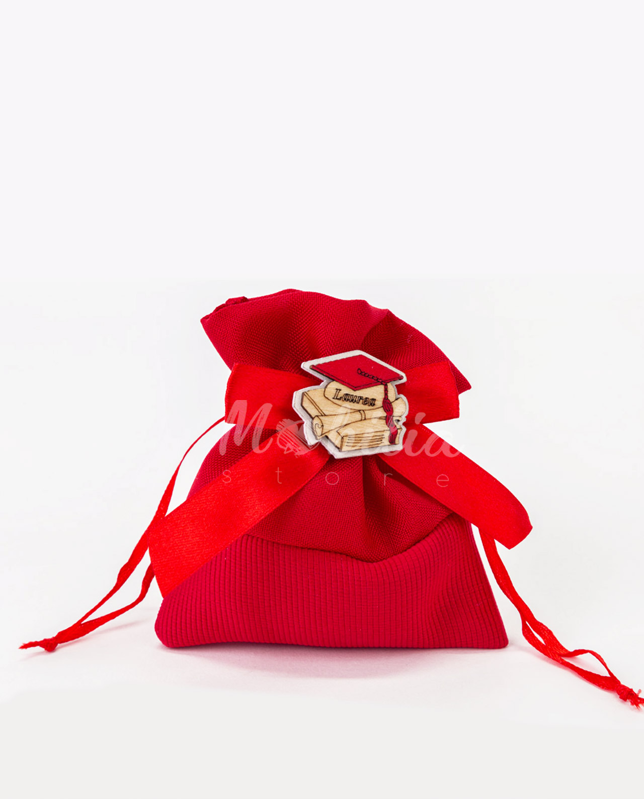 Sacchettino portaconfetti in cotone rosso con tocco in legno