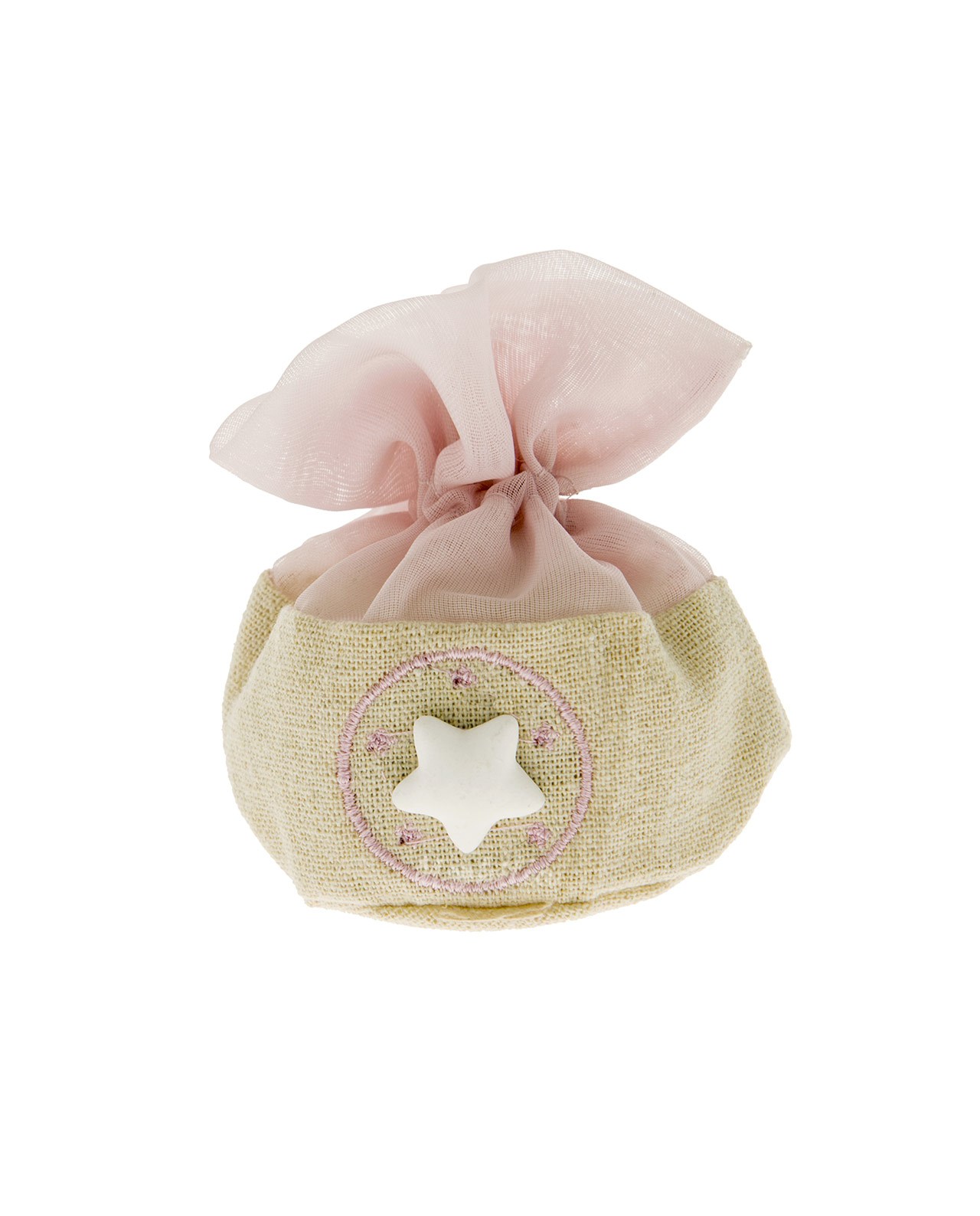 Sacchetto pouf in juta e organza rosa con stellina