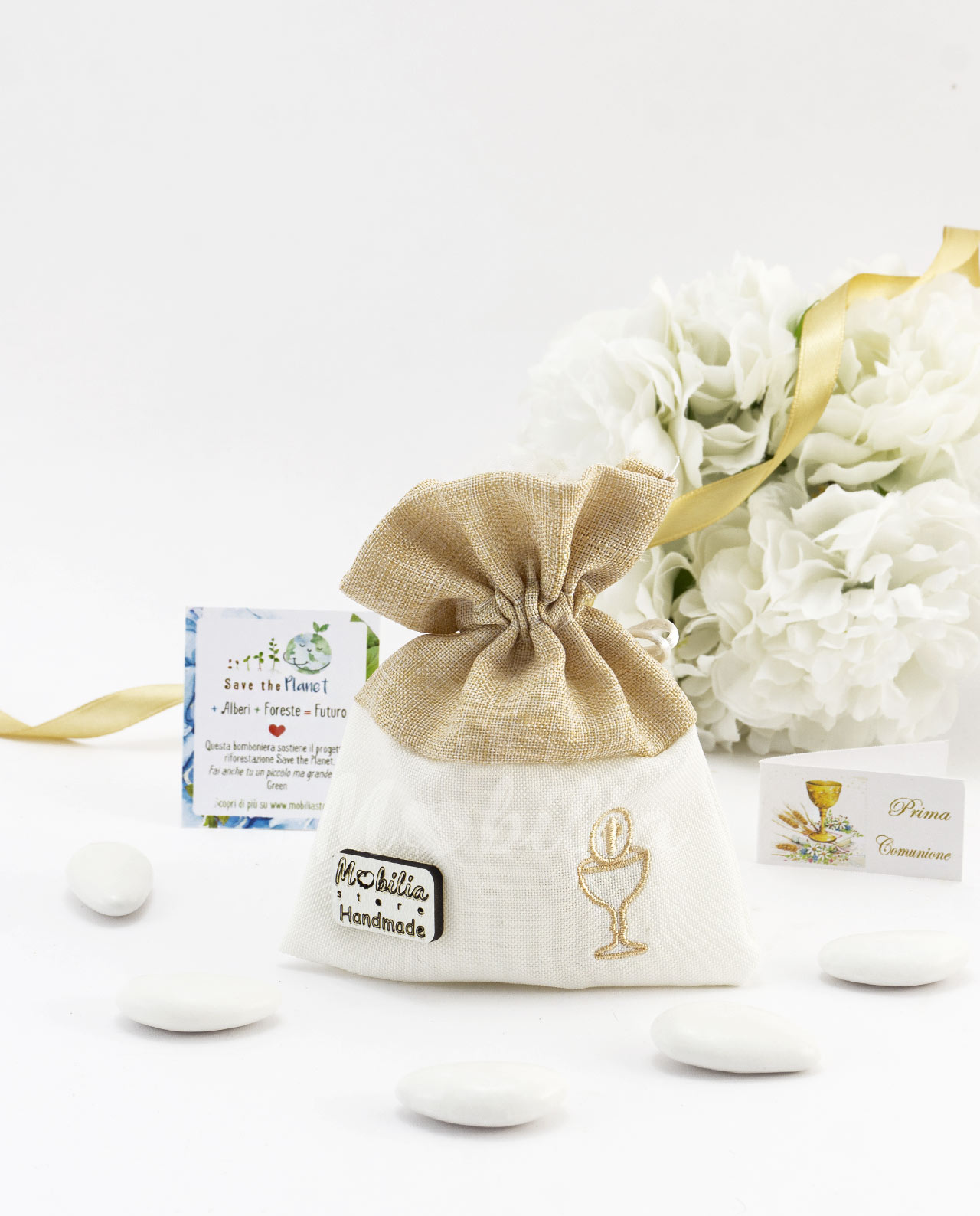 Sacchetto in cotone con applicazione comunione e confetti
