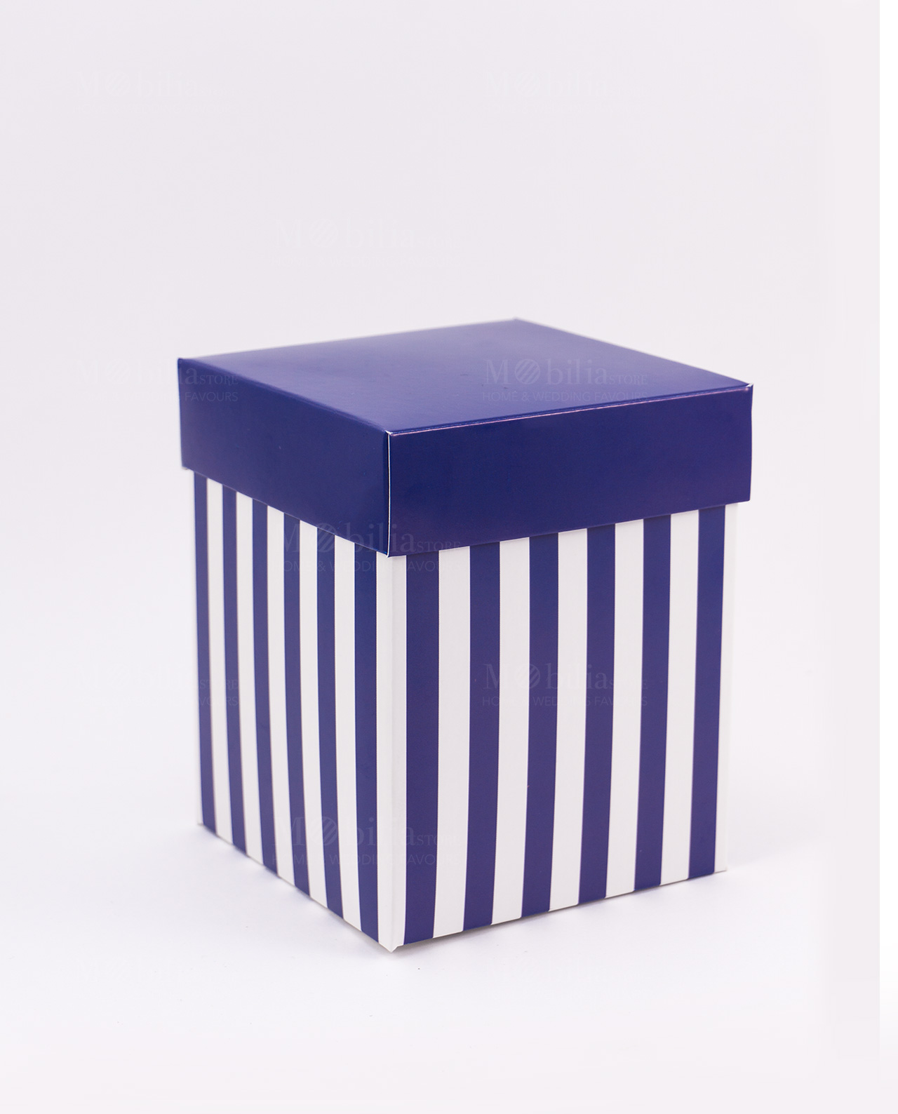 scatola cartoncino a righe bianca e blu h12 cm spacco