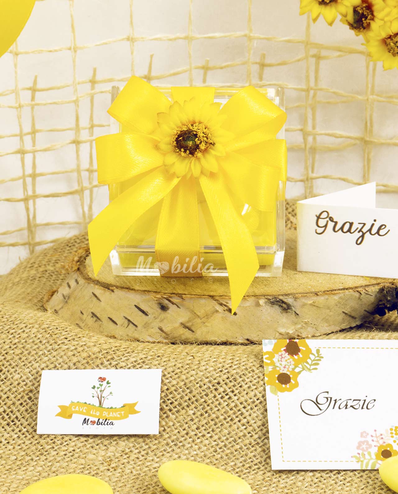 Bomboniera scatolina con girasole e fiocco giallo