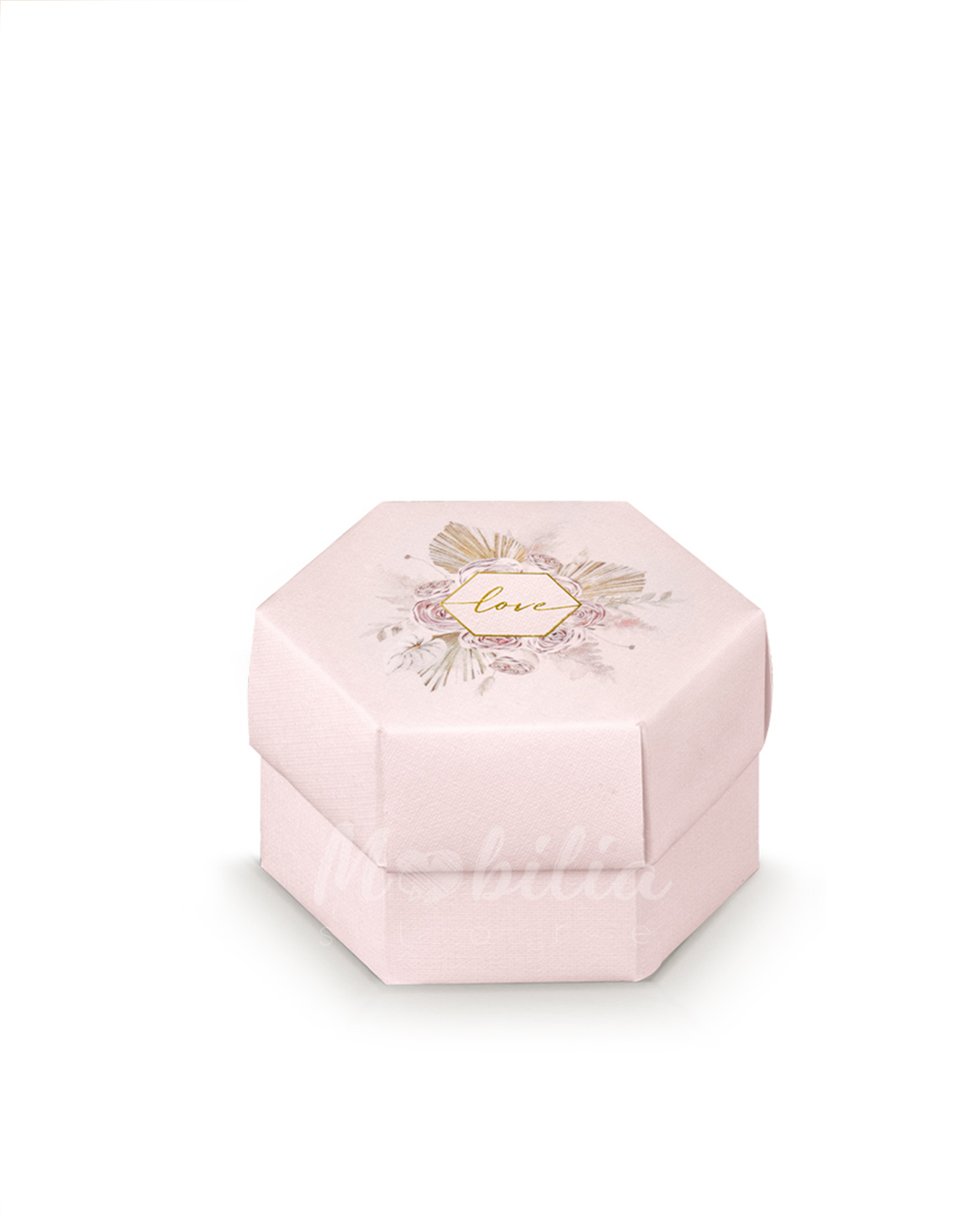 Scatola portaconfetti esagono rosa con scritta love, piccola e grande