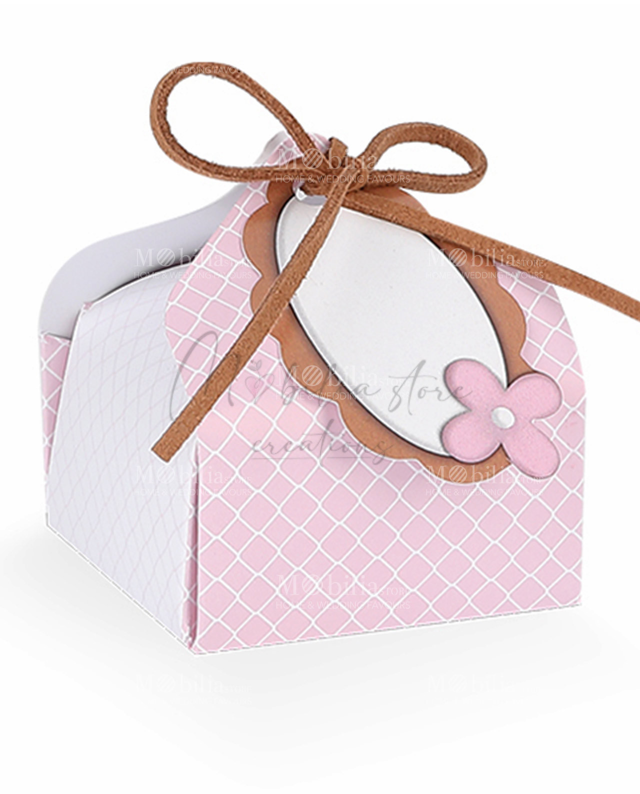 scatolina bignè rosa con decori a rombi