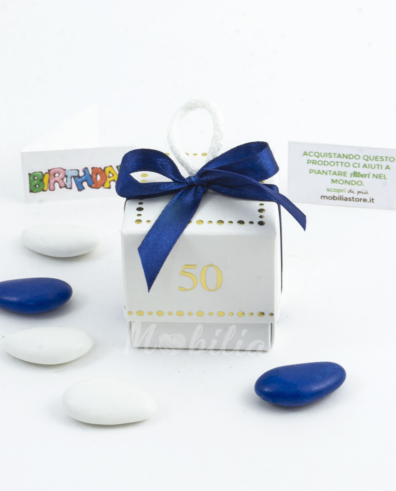 scatolina-con-confetti 50 oro e nastro in raso blu