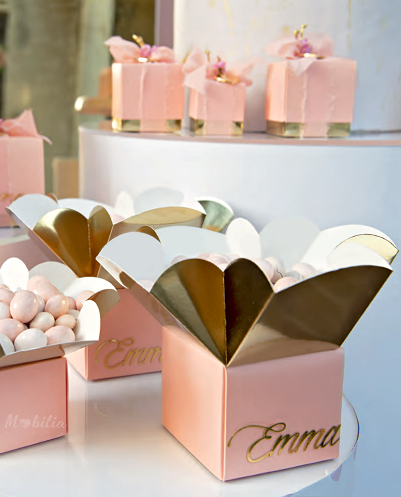 Scatola per confettata fleur rosa e oro con scritta personalizzata