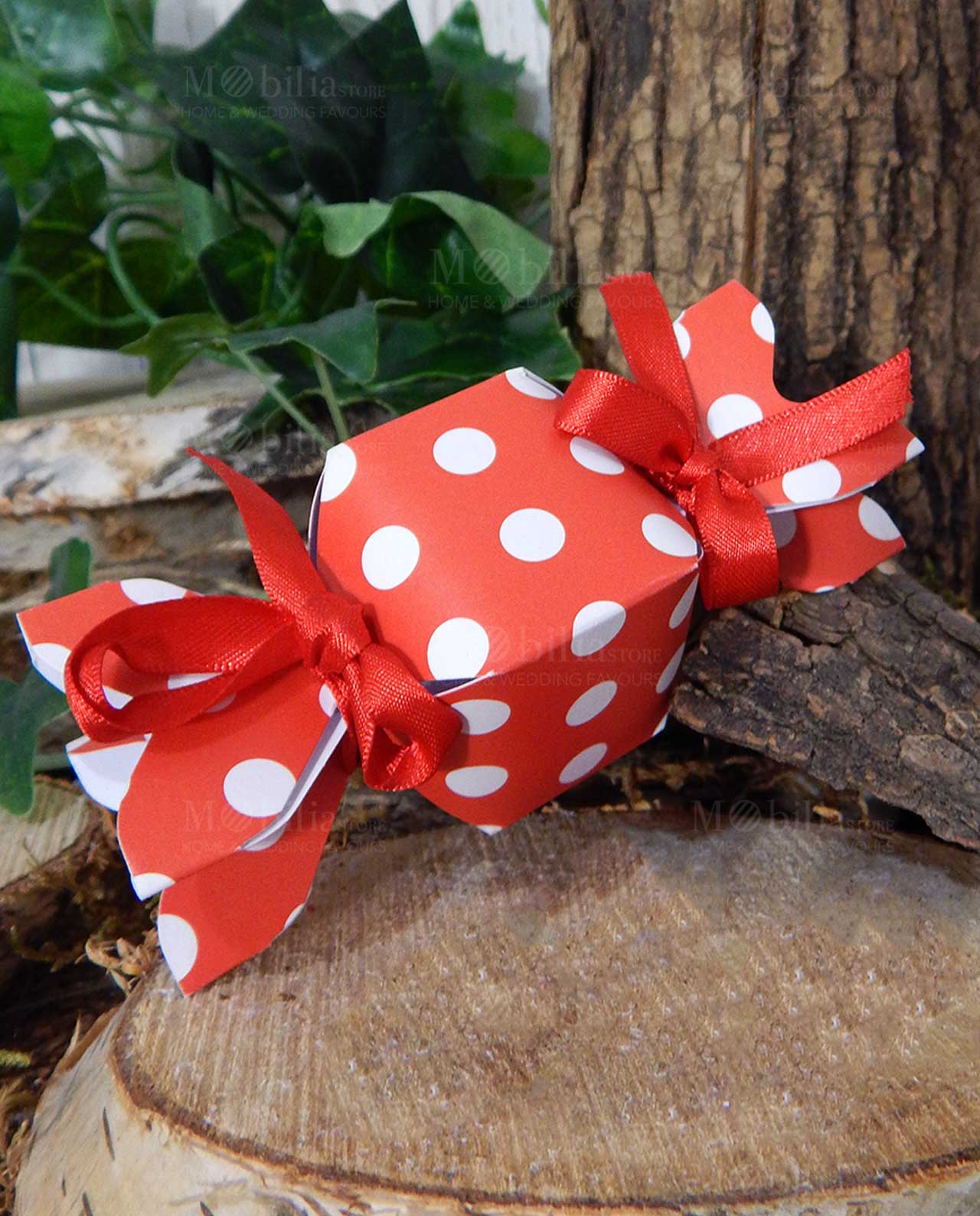 Scatolina portaconfetti caramella rossa a pois
