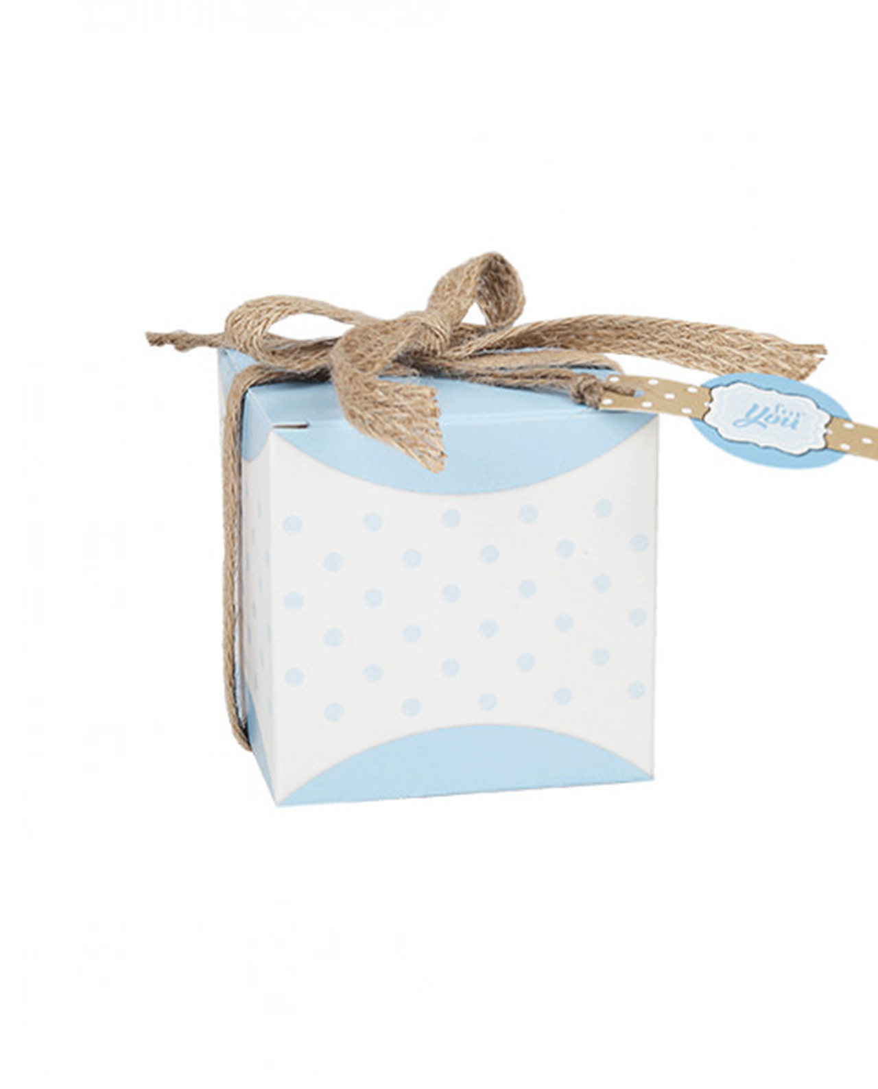 Scatolina portaconfetti quadrata azzurra a pois con targhetta For You