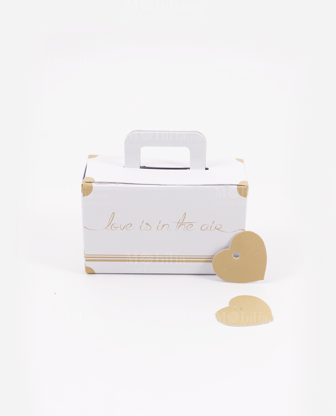 scatolina portaconfetti valigia bianca love is in the air con cuoricino made in italy spacco