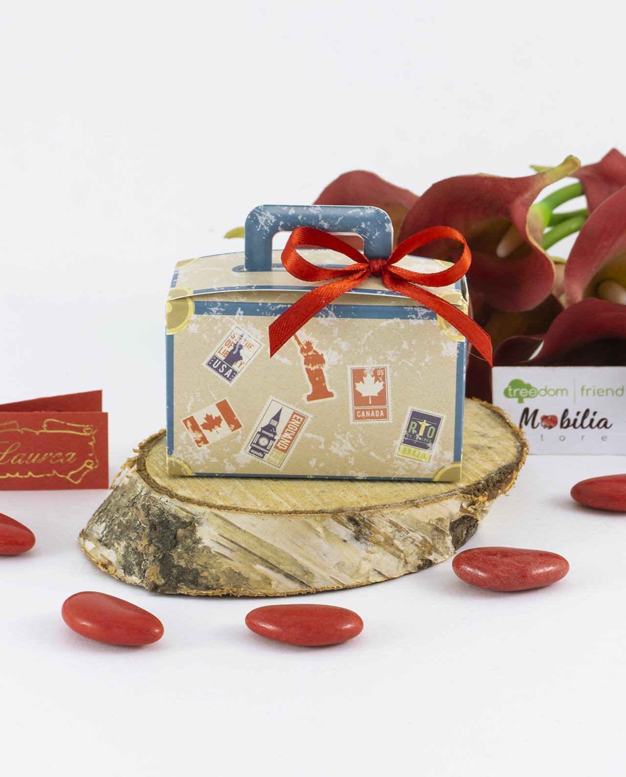 Scatolina valigetta vintage con città e nastro rosso