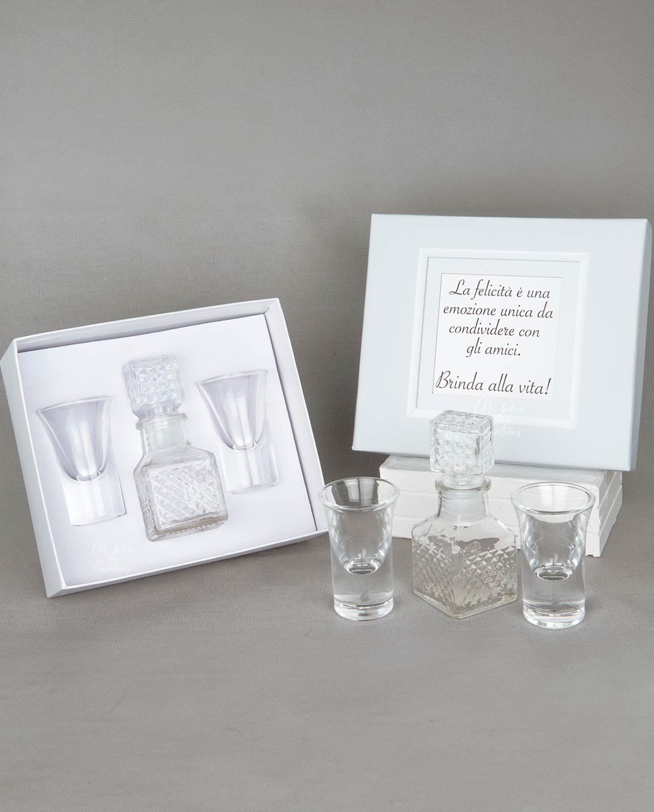 Set 2 bicchierini con bottiglia in vetro