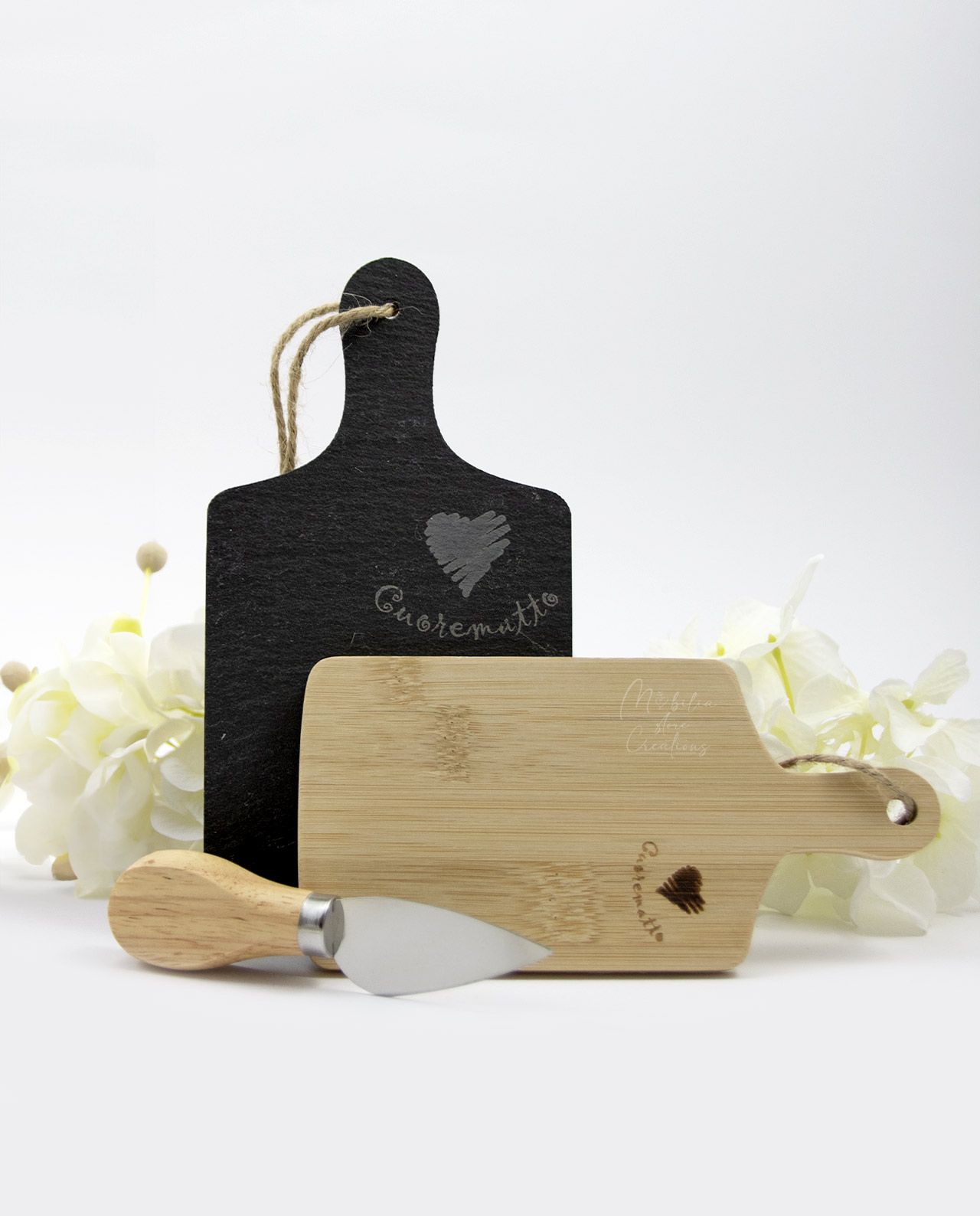 Set 2 taglieri bamboo e ardesia con coltellino Cuorematto