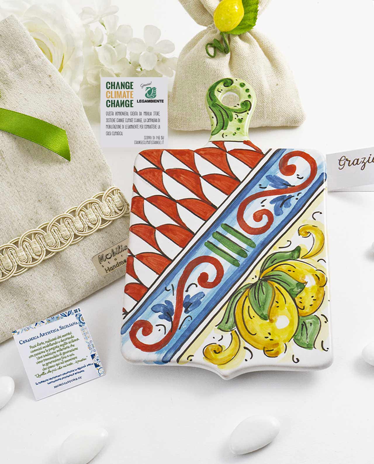 Bomboniera Legambiente tagliere in ceramica artigianale siciliana con limoni