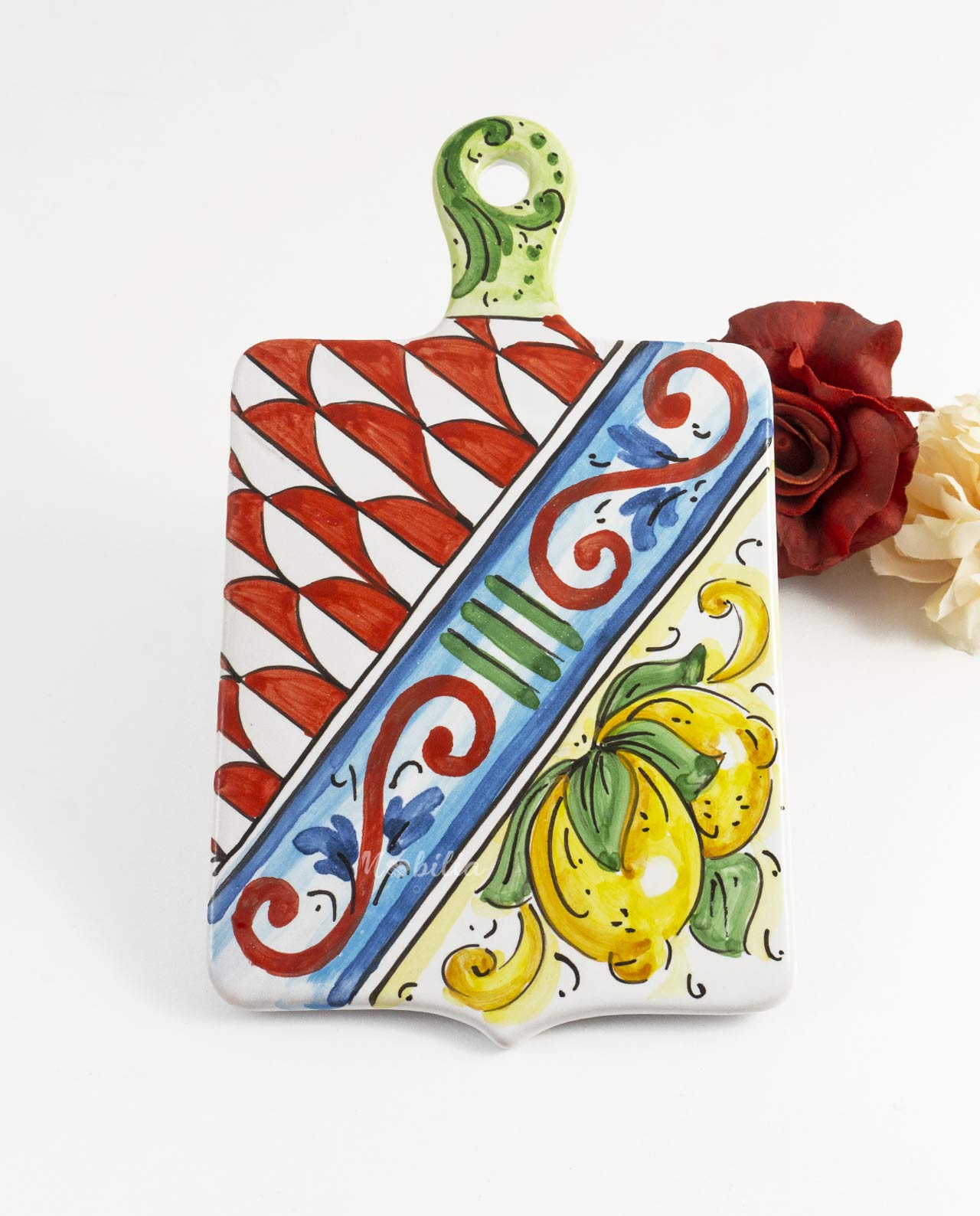 Tagliere in ceramica artigianale siciliana con limoni
