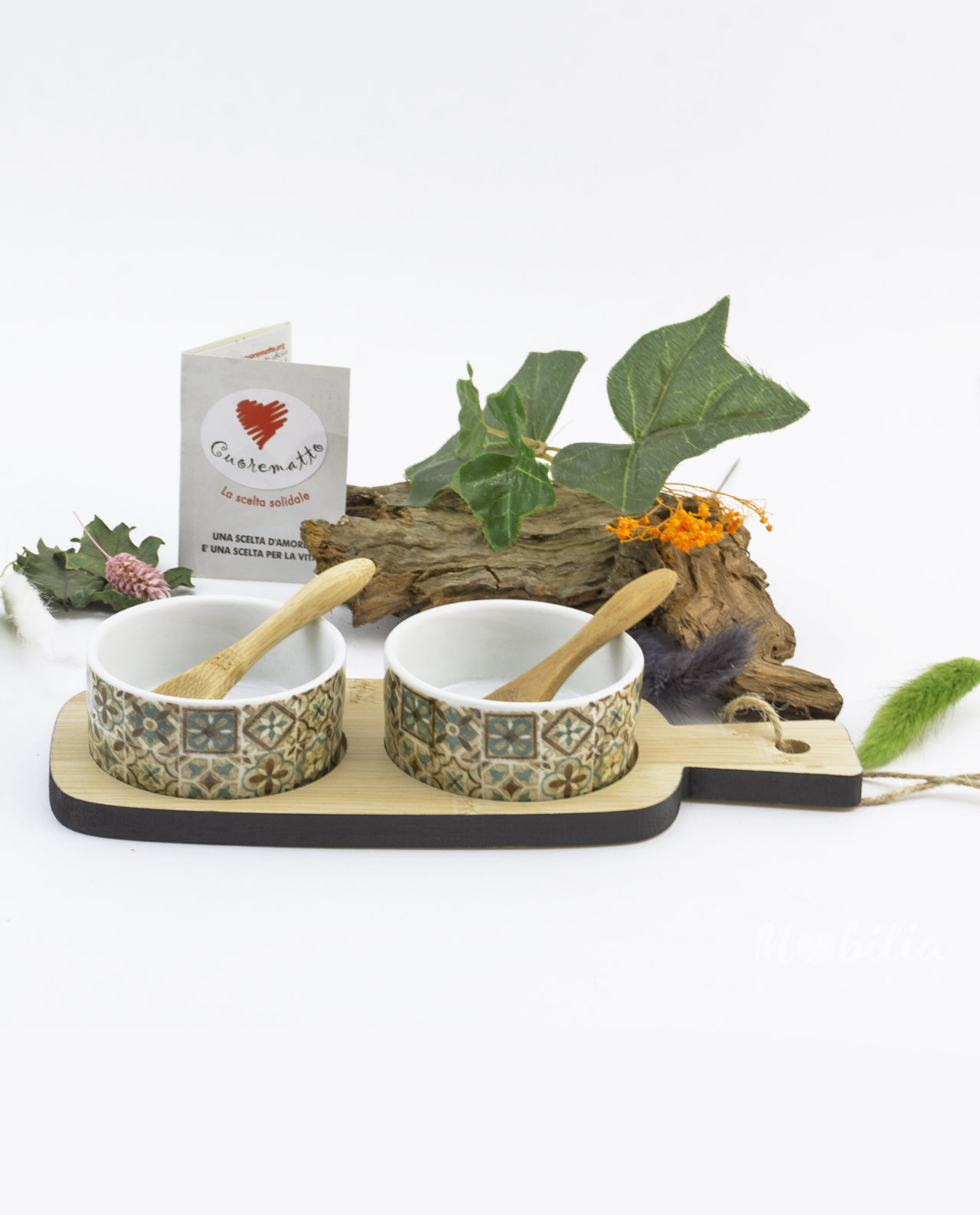 Antipastiera in legno con ciotoline in ceramica Cuorematto