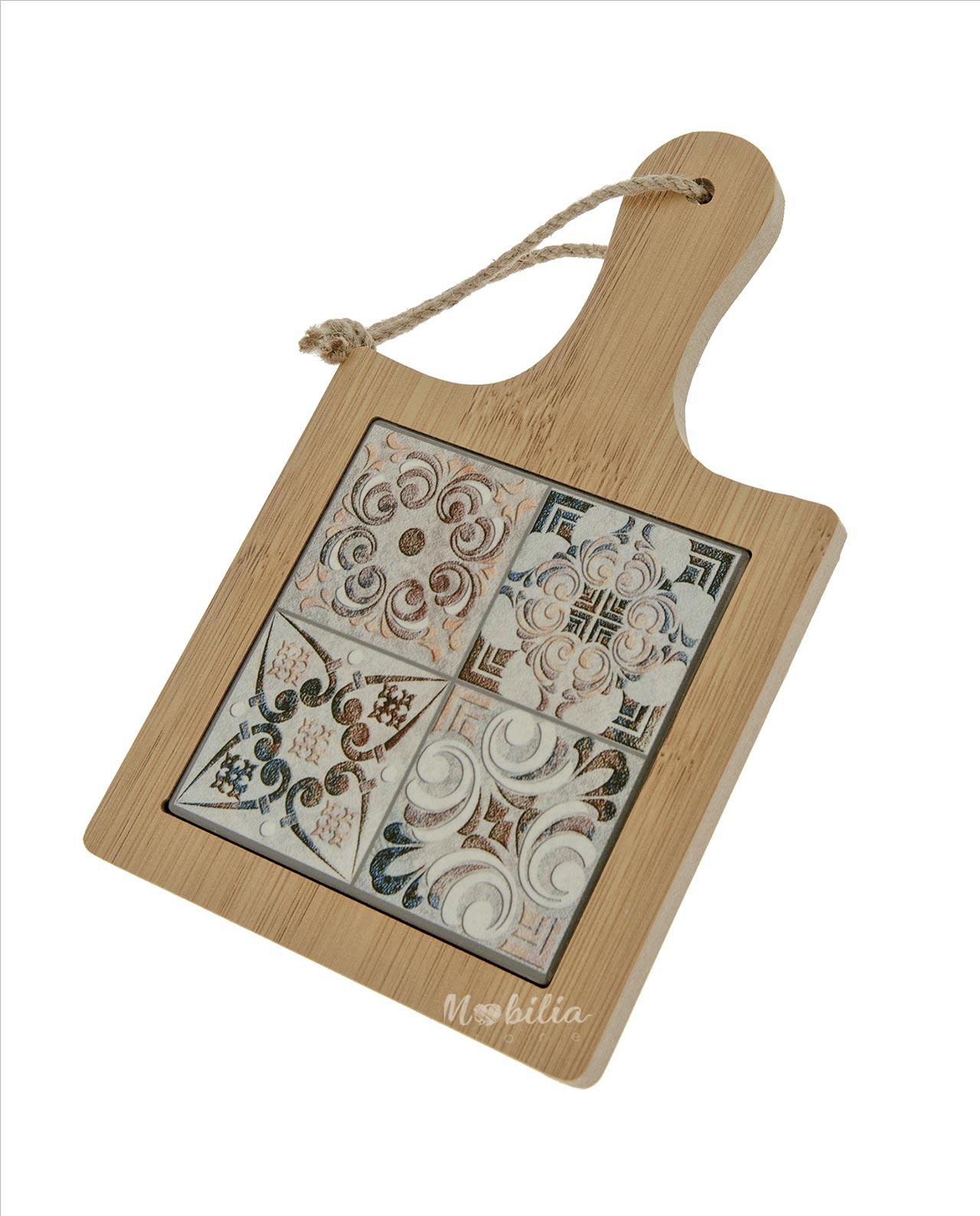 Tagliere con manico in legno e maiolica