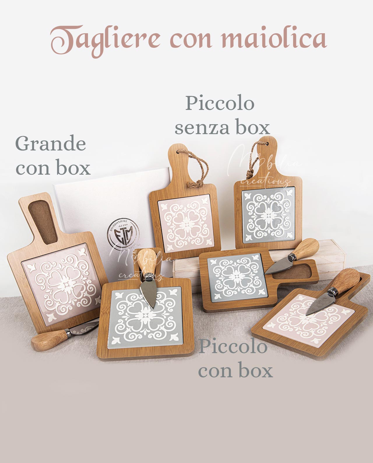 Tagliere quadrato in legno con maiolica assortita