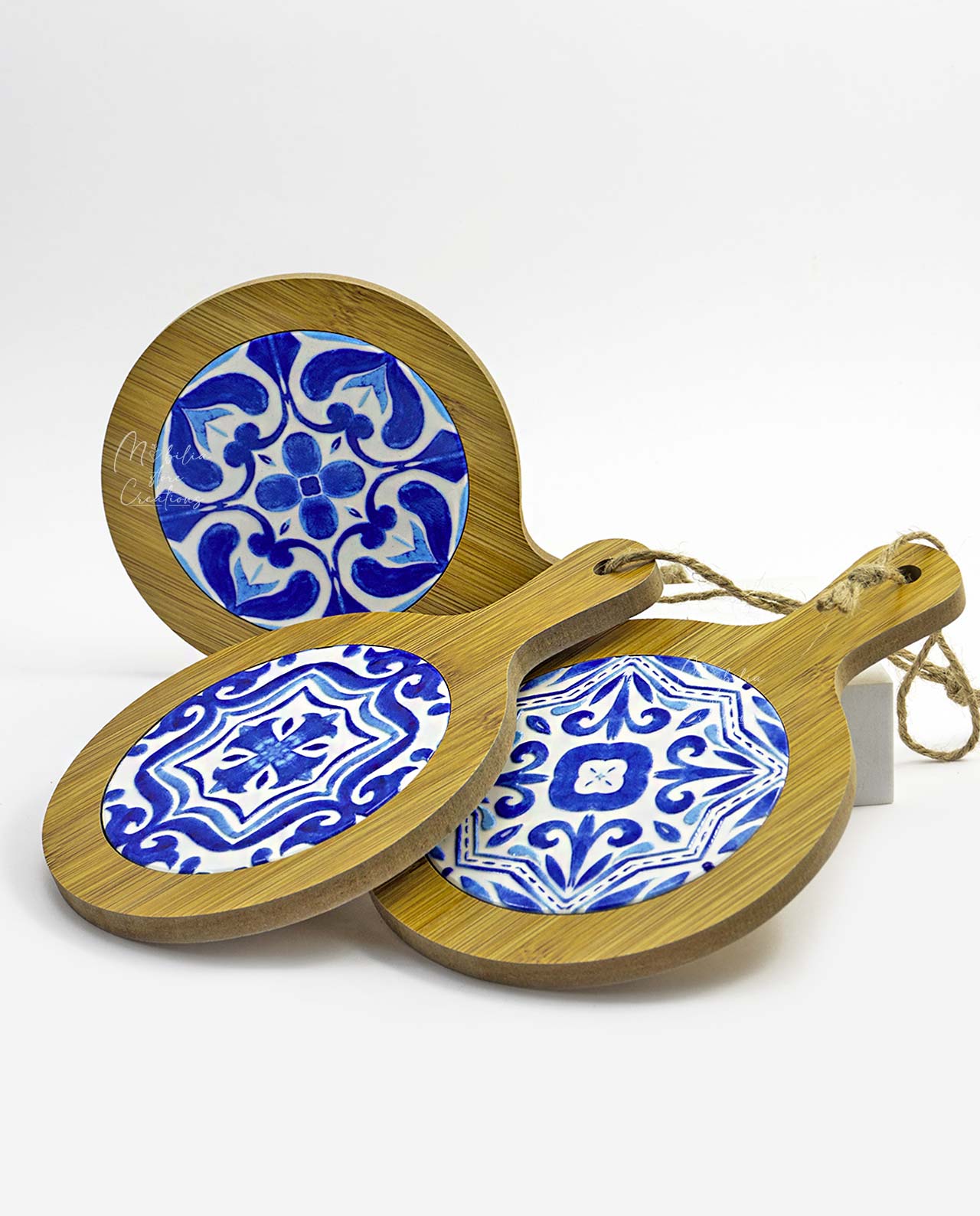 Tagliere rotondo con mattonella maiolica blu varie misure