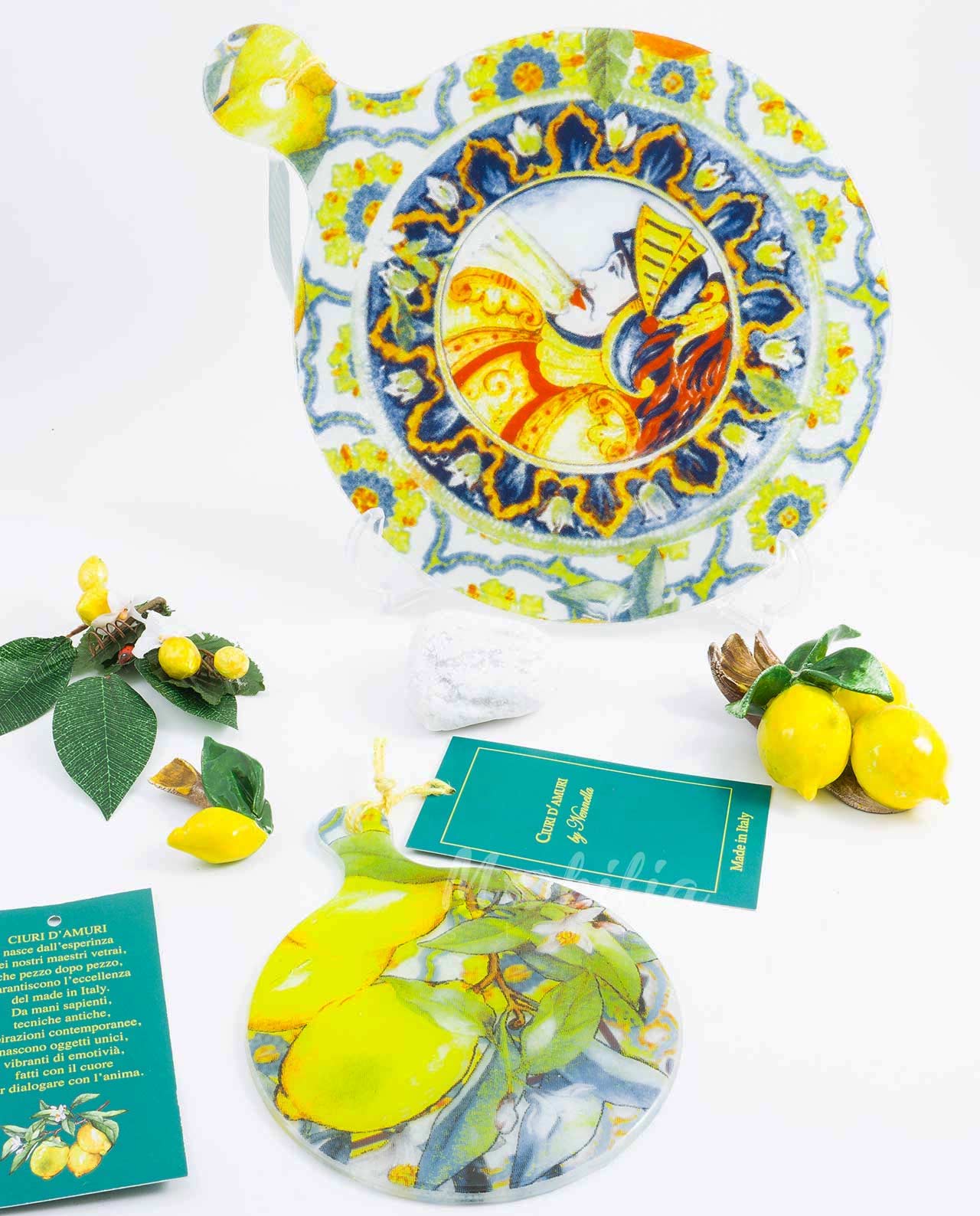 Tagliere rotondo in vetro linea Ciuri d'Amuri vetreria artistica