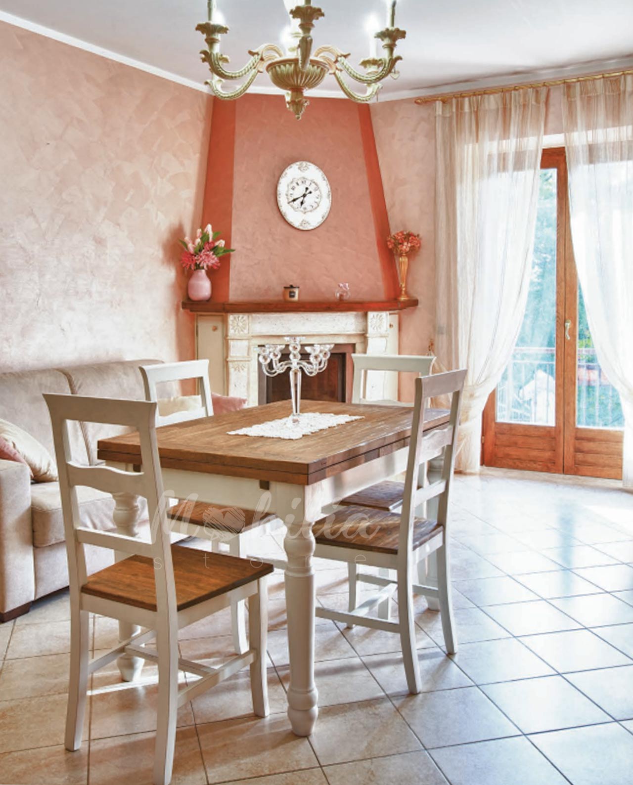 Tavolo allungabile in legno stile shabby chic, colore avorio