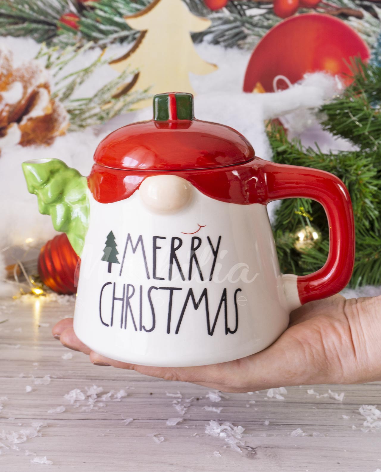 Teiera natalizia in ceramica con scritta merry christmas