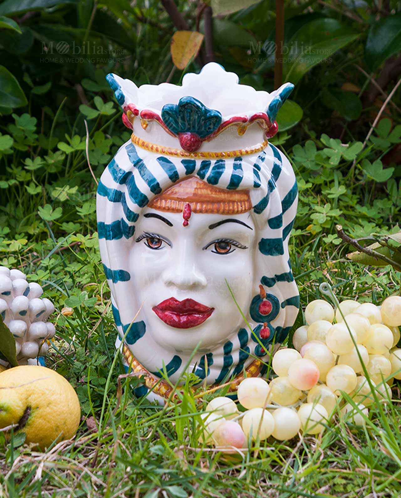 testa di moro donna con copricapo e corona colorata ceramica artigianale caltagirone sicilia