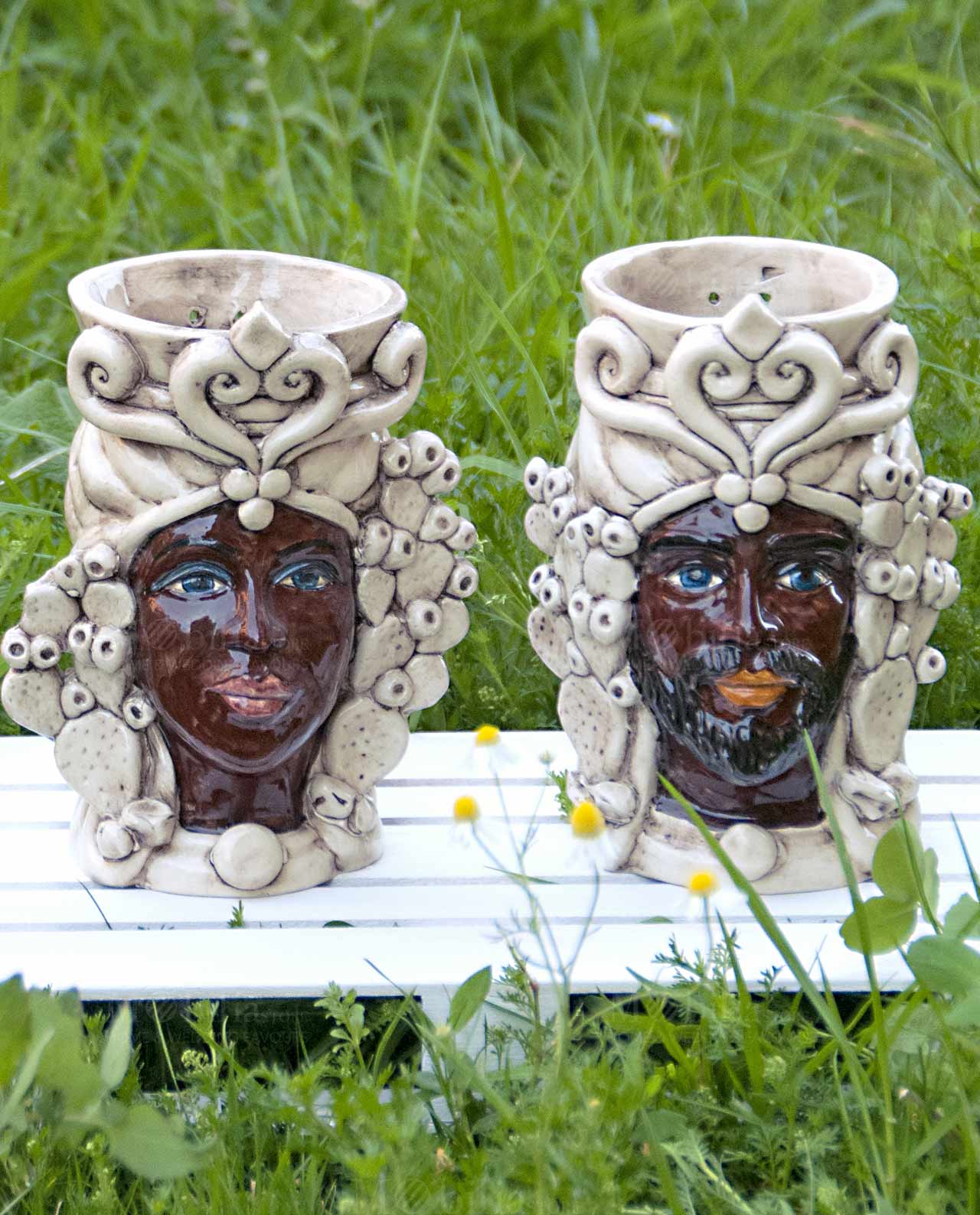 teste di moro re e regina in ceramica antichizzata di caltagirone